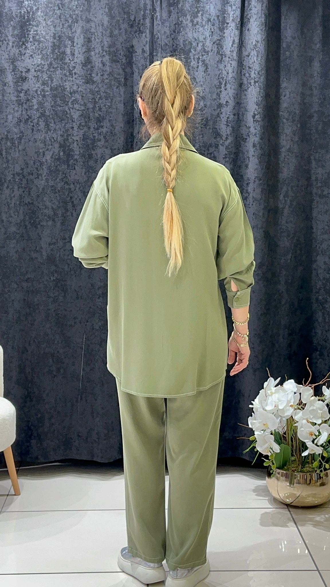 PAMUK TENSEL DİKİŞ DETAY  GÖMLEK PANTOLON TAKIM - HAKİ