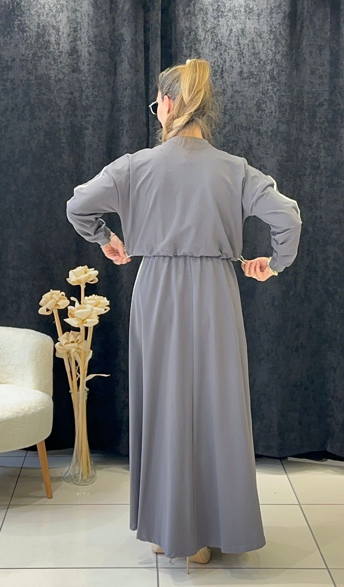 RİBANA DETAYLI İKİLİ ELBİSE İKİ İP PENYE KUMAŞ