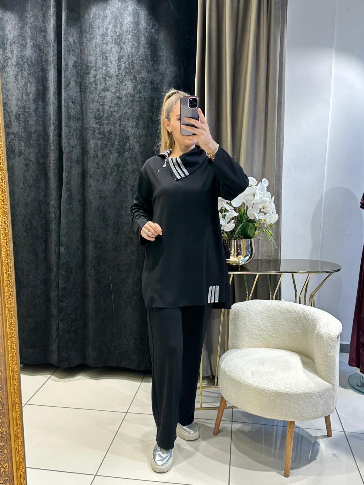 MENDİL YAKA İKİ İPLİK KUMAŞ İKİLİ TAKIM   - SİYAH