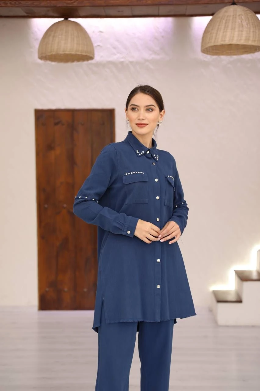 PAMUK GABARDİN TAŞ DETAYLI İKİLİ TAKIM 