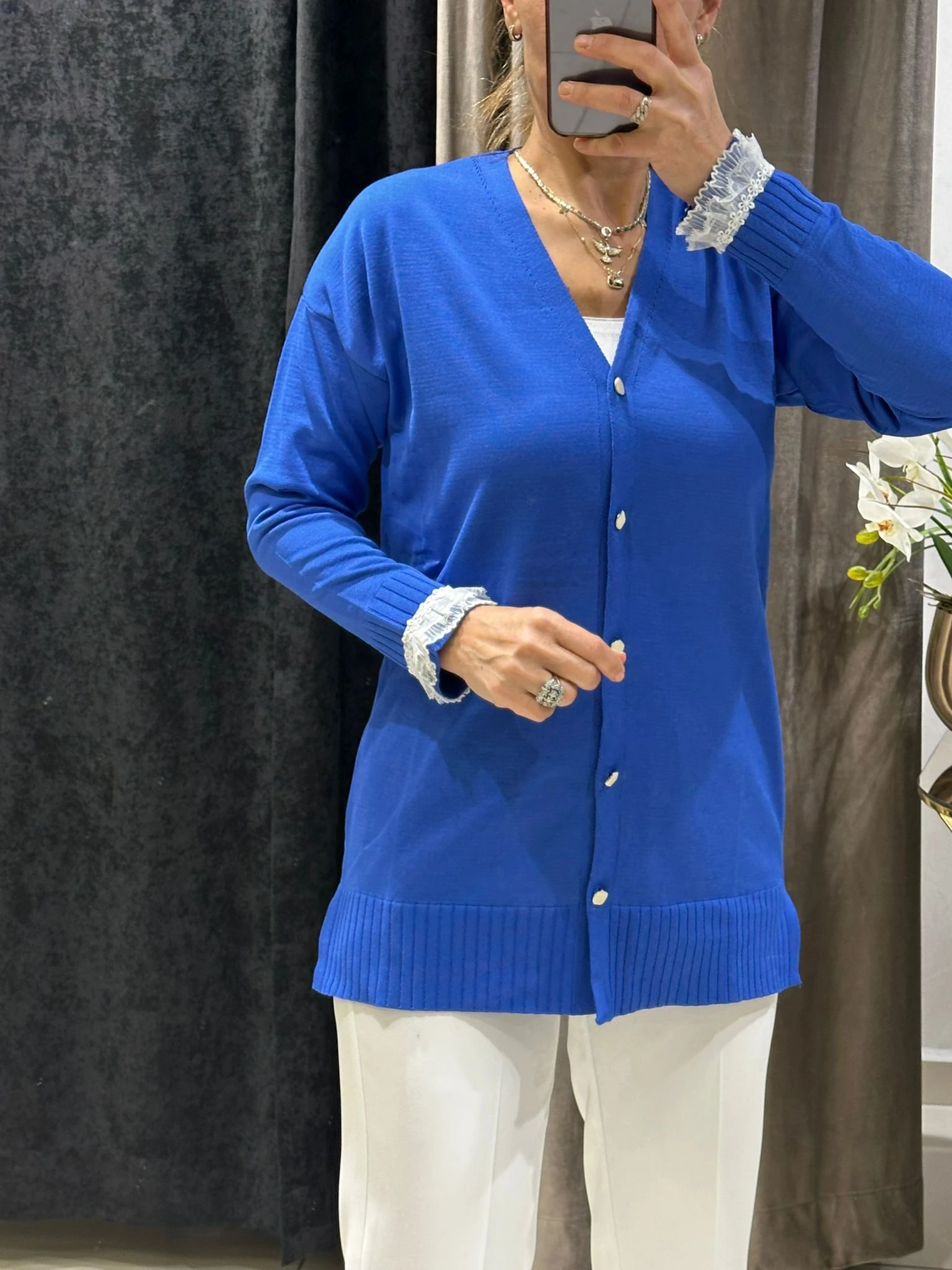 KOLLARI TÜLLÜ SOĞUK İP MESERİZE HIRKA - SAKS MAVİ