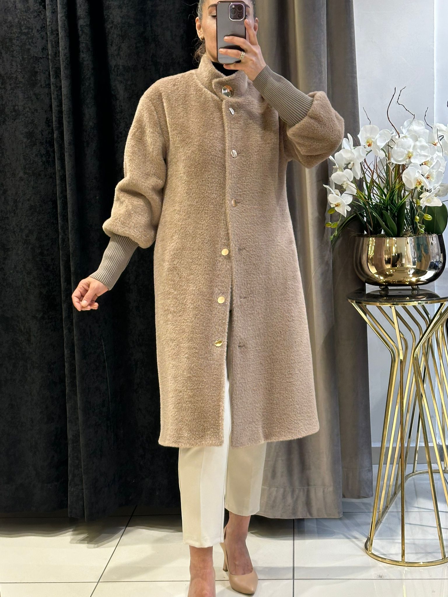 ANGORA KABAN KOL UCU TRİKO RİBANA GOLD DÜĞME DETAY - VİZON