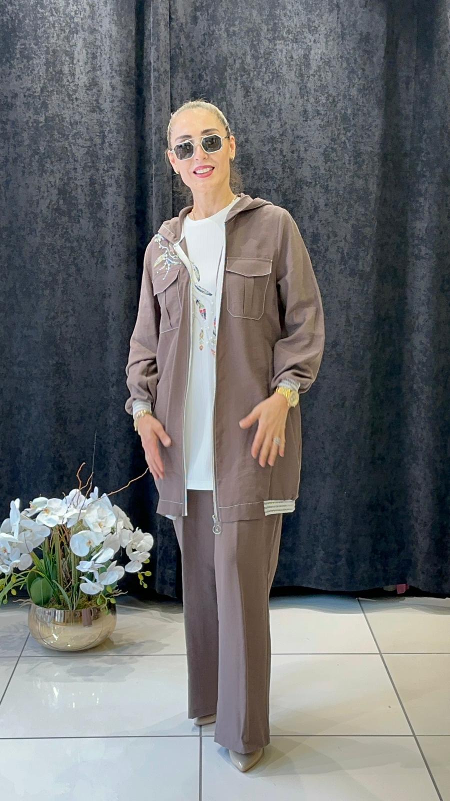 TENSEL KAP COTON PANTOLON  ÜÇLÜ TAKIM BÜYÜK BEDEN  - ÇİKOLATA