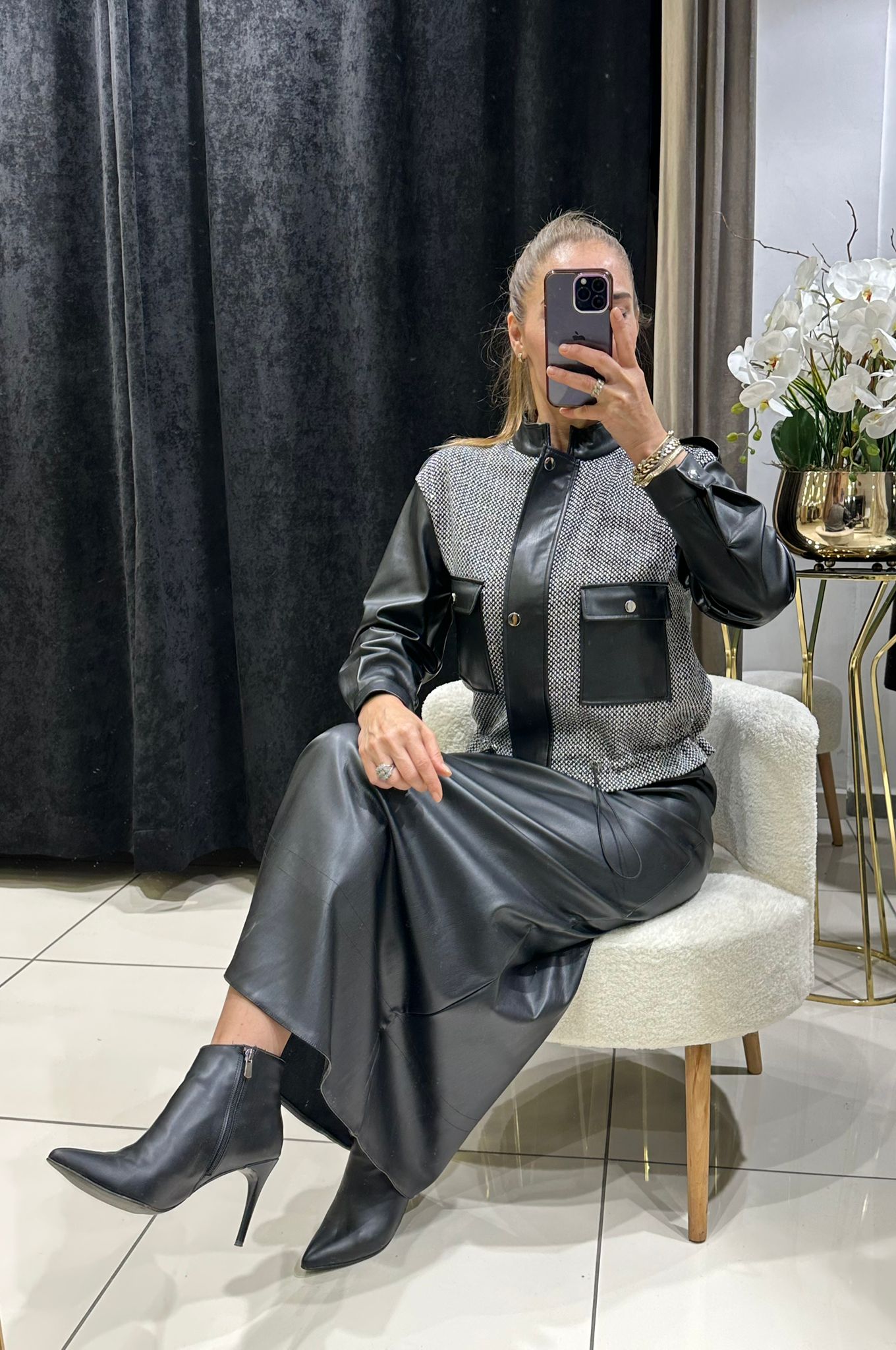 DERİ CEKET GARNİLİ ETEKLİ TAKIM    