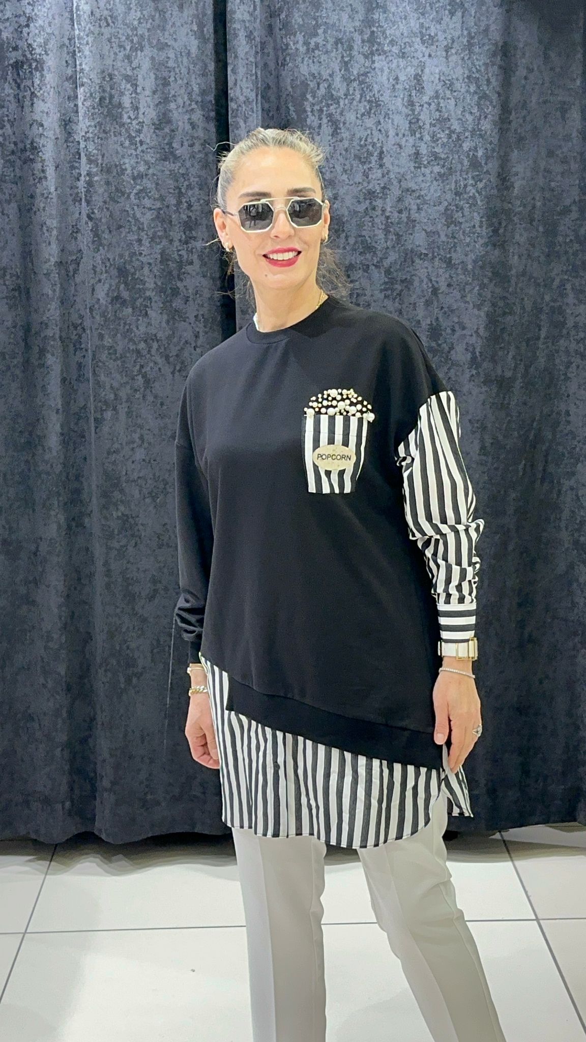 POPCORN ÇİZGİLİ KOTON GARNİLİ PENYE TUNİK  