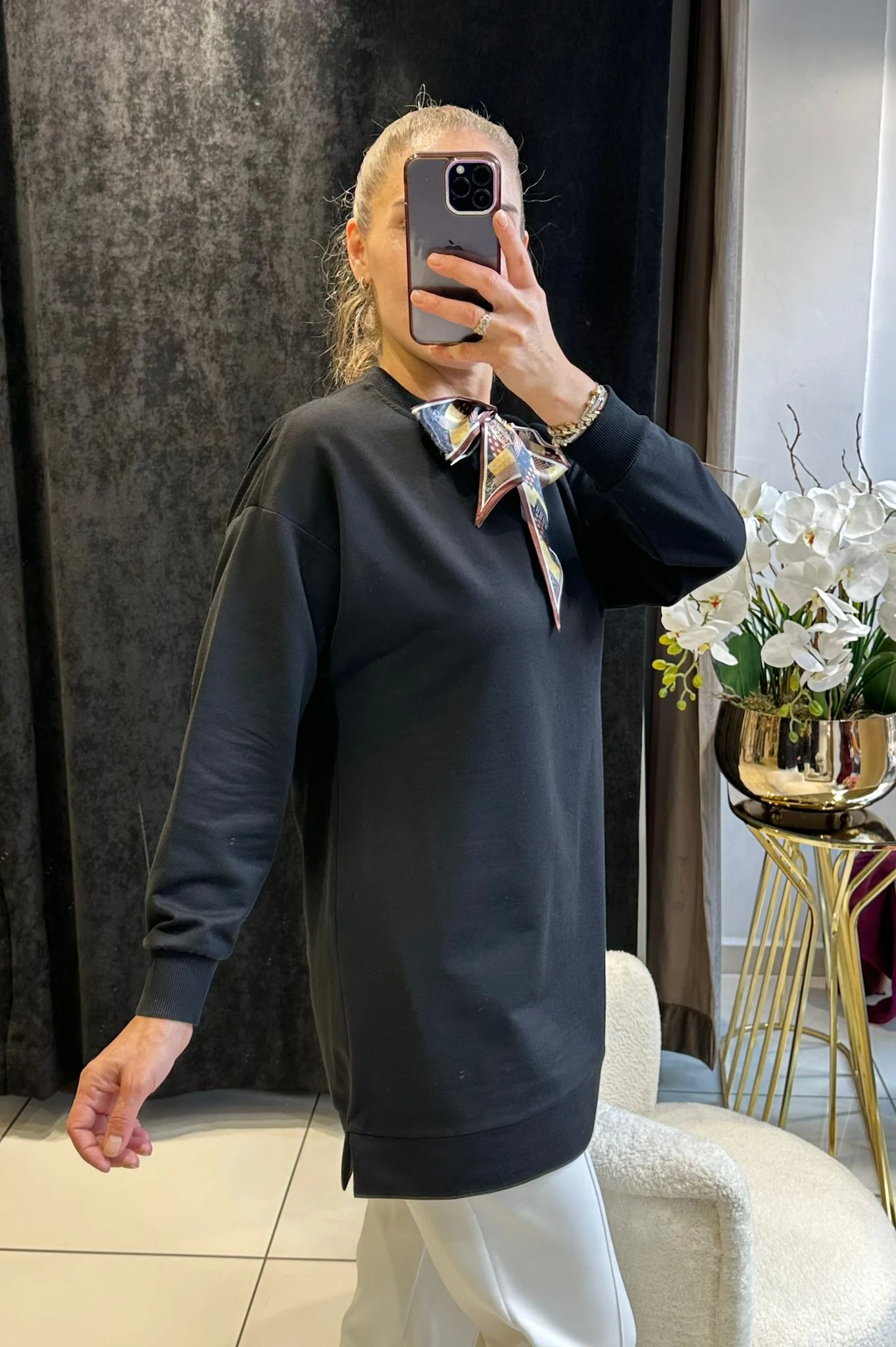 FLAR DETAY BEYZİK İKİ İPLİK PENYE TUNİK  - SİYAH