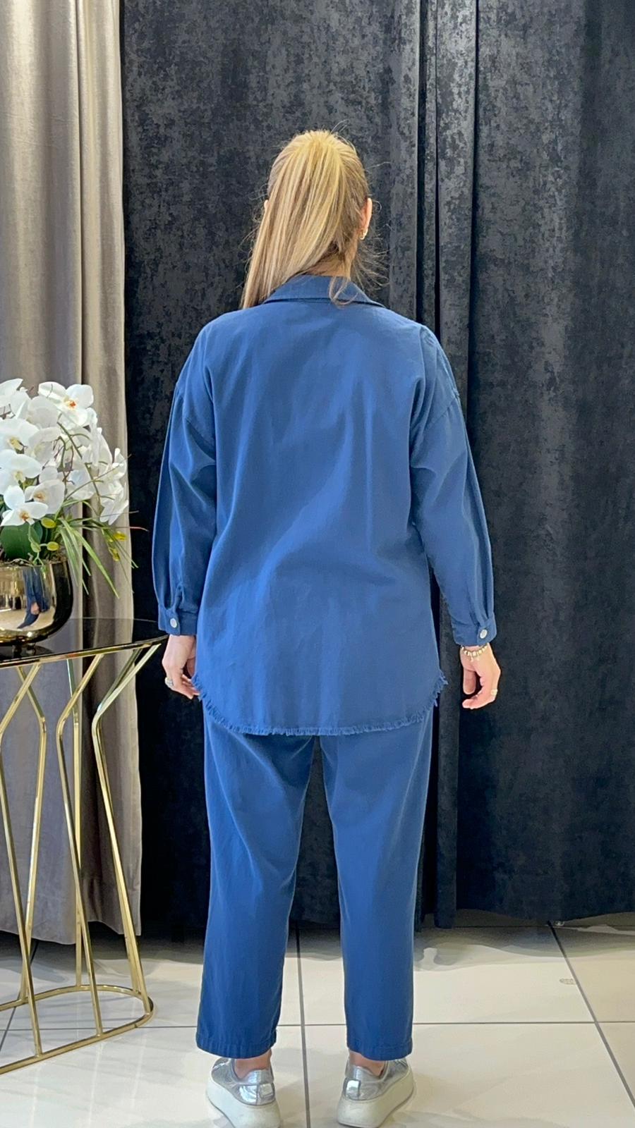 PAMUK GABARDİN TEŞ DETAYLI  PANTOLONLU TAKIM    - İNDİGO