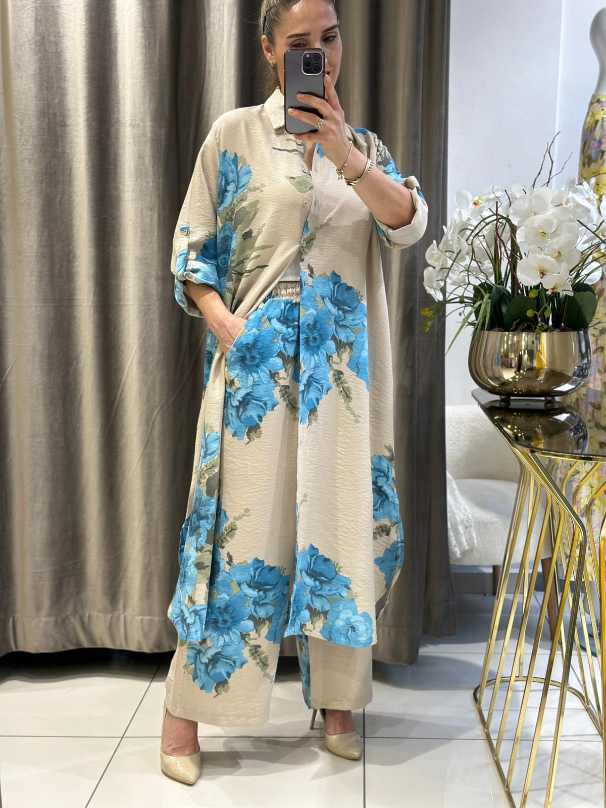 VİSKON MANGO KETEN UZUN TUNİK DİJİTAL BASKI TAKIM