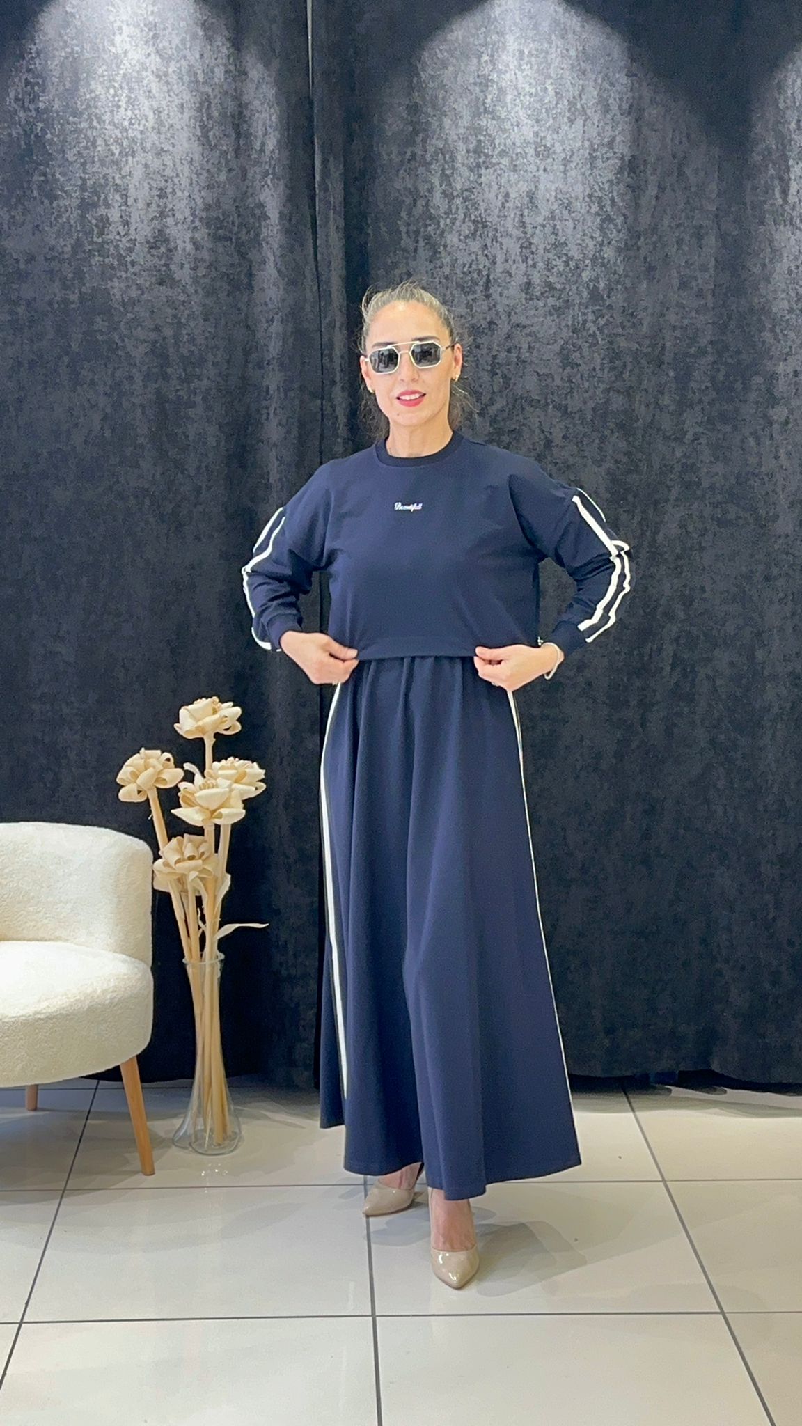 RİBANA DETAYLI İKİLİ ELBİSE İKİ İP PENYE KUMAŞ - LACI