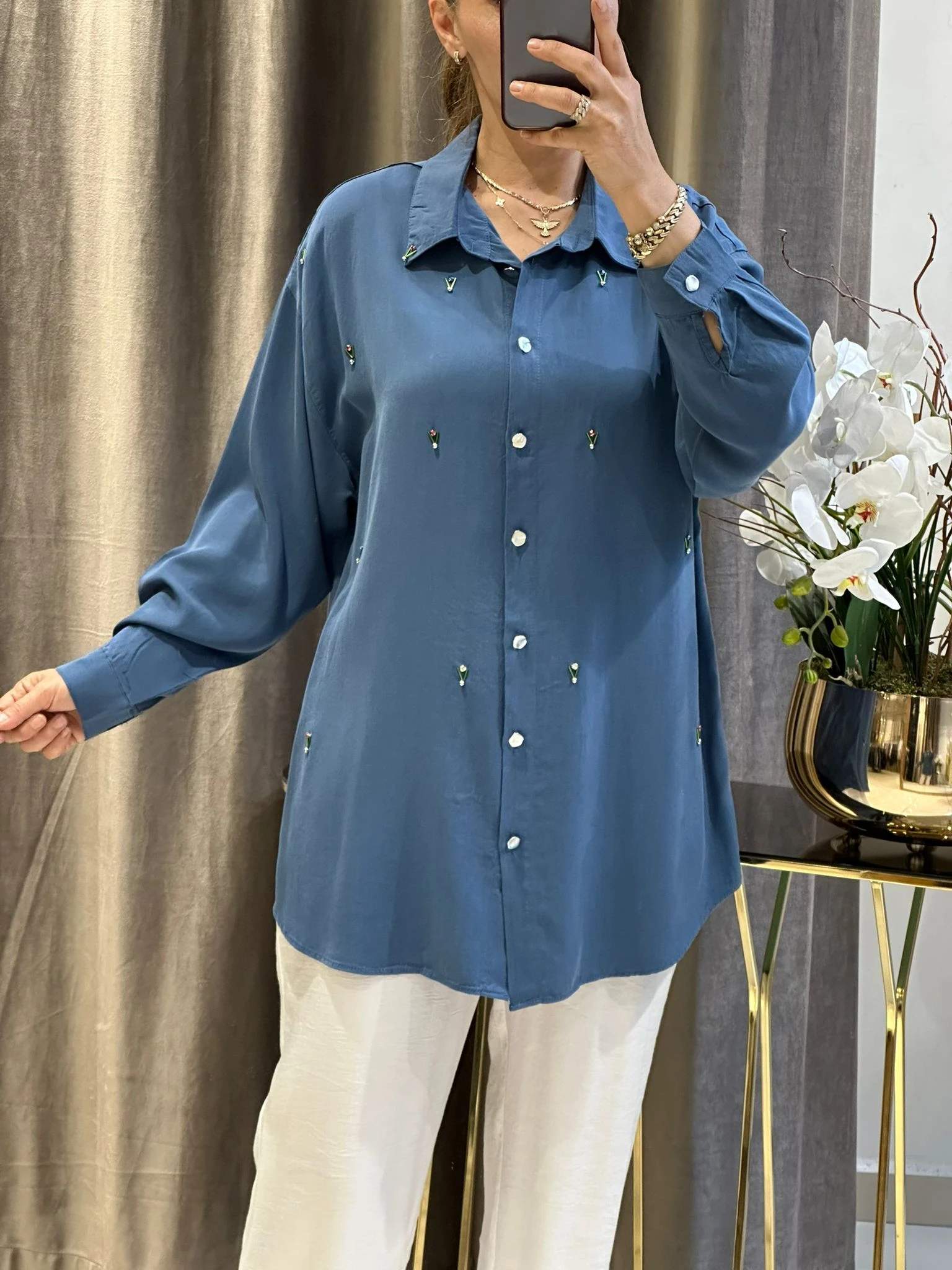 PAMUK TENSEL TAŞ TEDAYLI GÖMLEK - İNDİGO