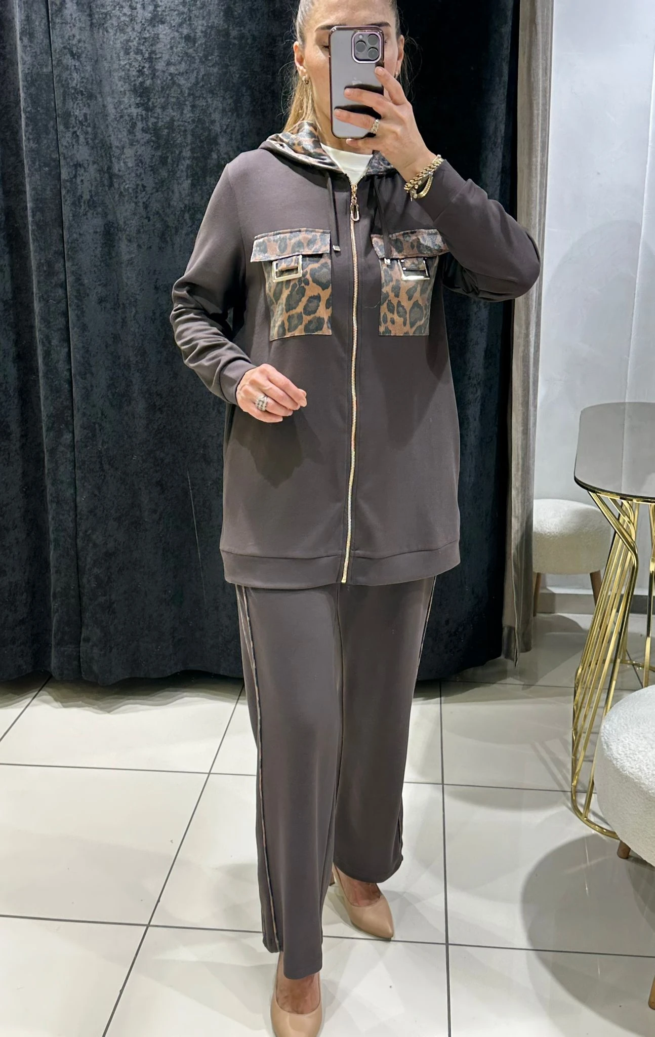 LEOPAR DEYAYLI BİRİNCİ KALİTE İKİ İPLİK TAKIM - KAHVE