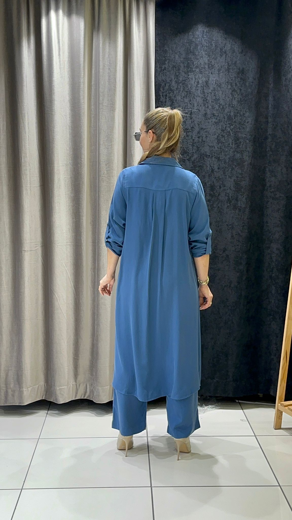 PAMUK TENSEL UZUN TUNİK VE PANTOLON İKİLİ TAKIM - İNDİGO