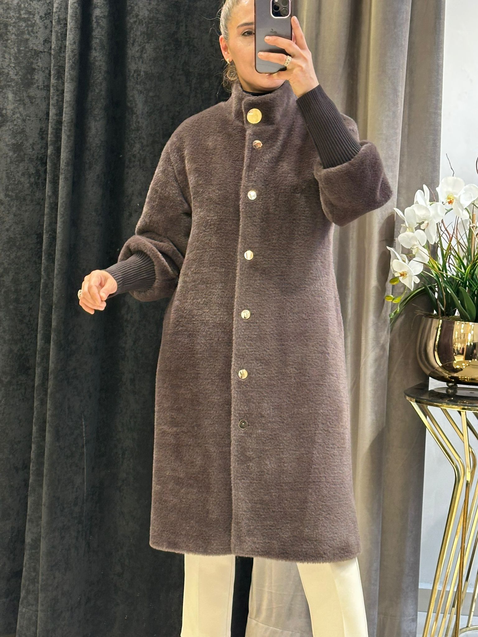 ANGORA KABAN KOL UCU TRİKO RİBANA GOLD DÜĞME DETAY - KAHVE