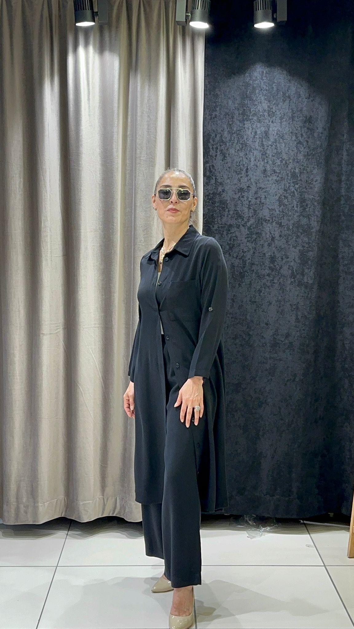 PAMUK TENSEL UZUN TUNİK VE PANTOLON İKİLİ TAKIM - SİYAH