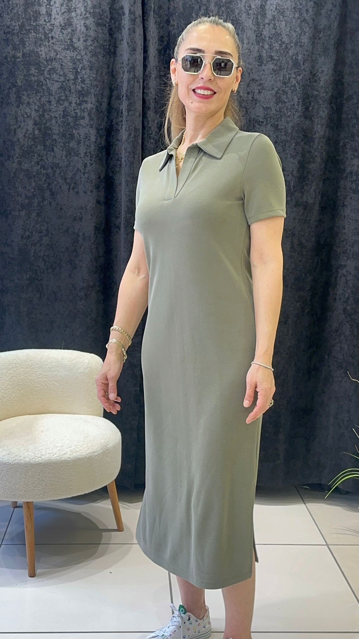 POLO YAKA QUPRA KUMAŞ KISAKOL ELBİSE  - 40
