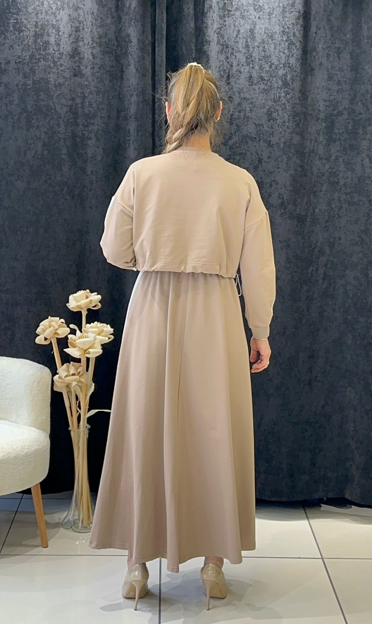 RİBANA DETAYLI İKİLİ ELBİSE İKİ İP PENYE KUMAŞ - VİZON