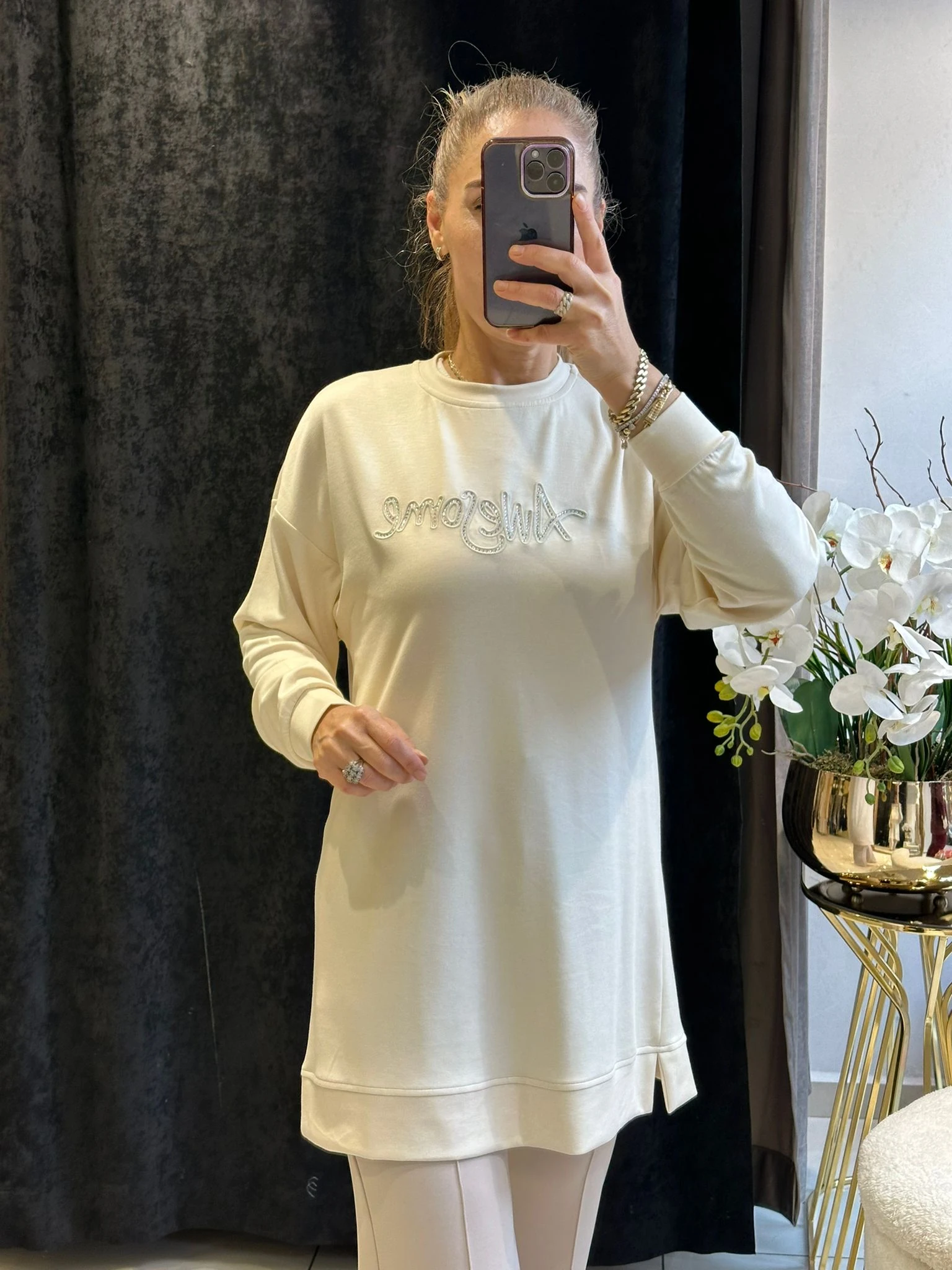 YAZI DETAY BEYZİK İKİ İPLİK PENYE TUNİK 