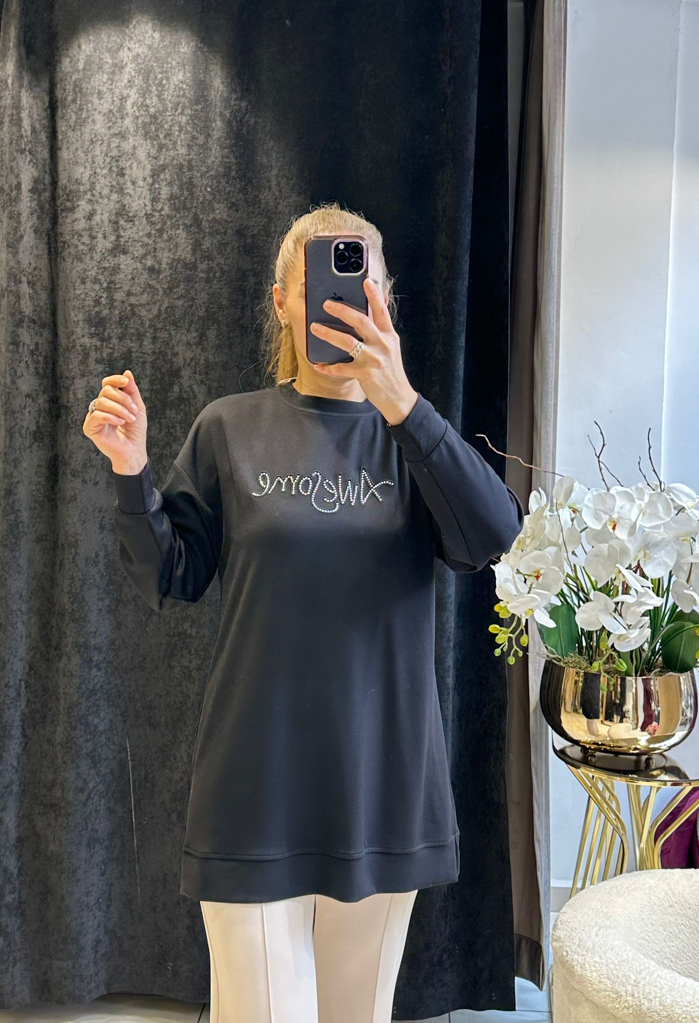 YAZI DETAY BEYZİK İKİ İPLİK PENYE TUNİK  - SİYAH