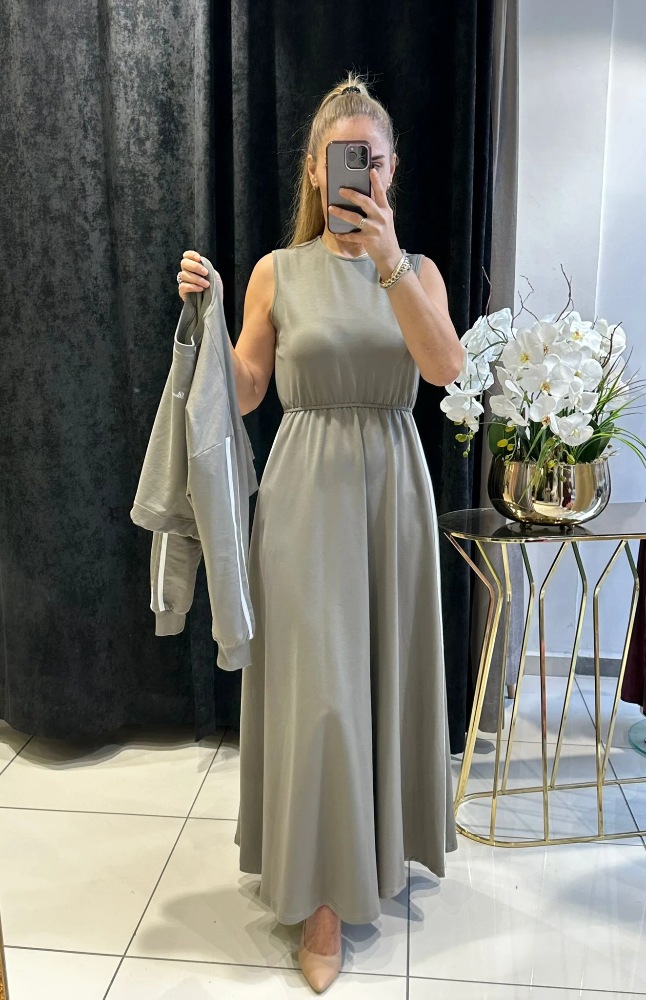 RİBANA DETAYLI İKİLİ ELBİSE İKİ İP PENYE KUMAŞ - HAKİ