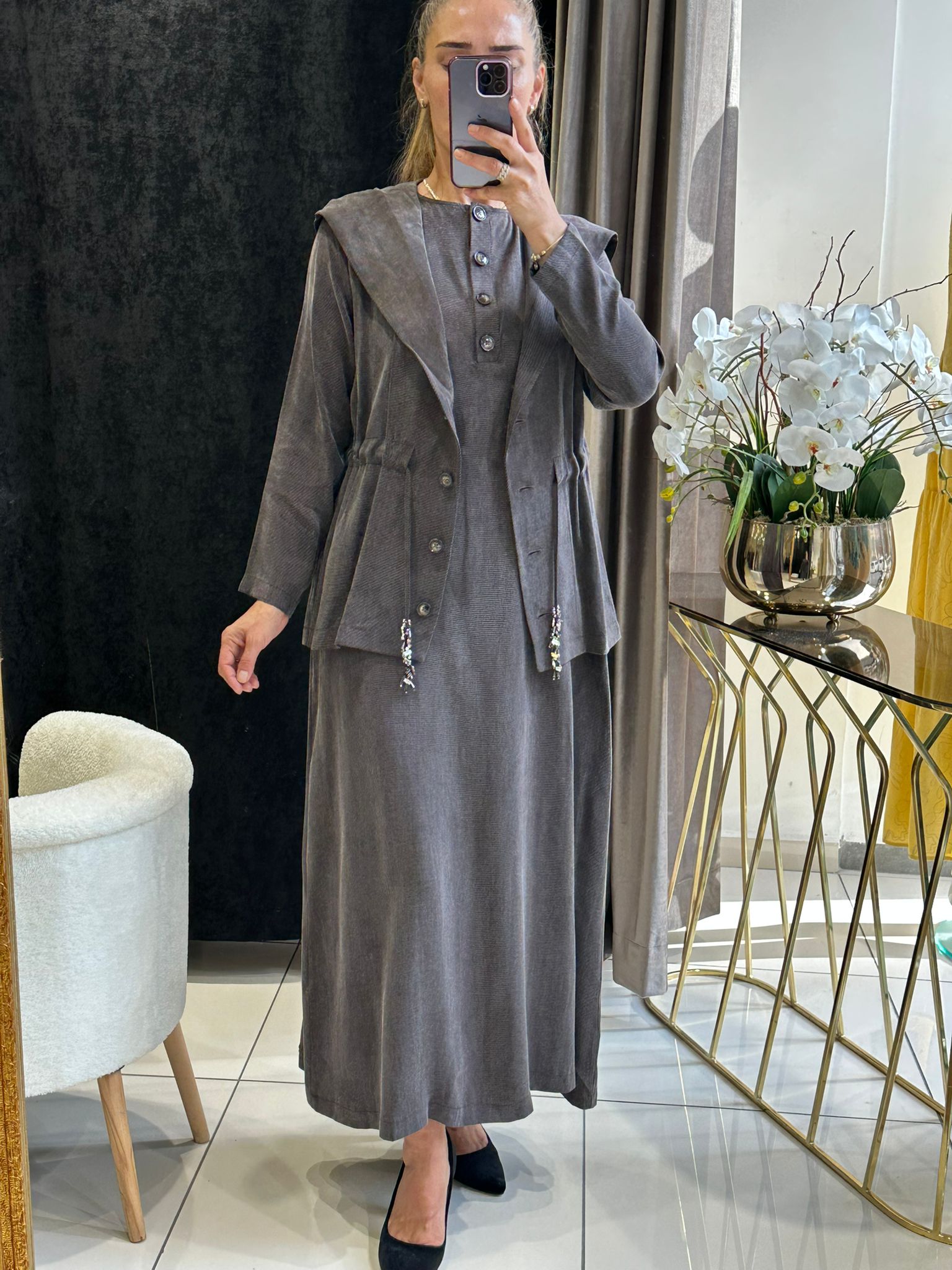 İPEK KUPRA FİTİLLİ KUMAŞ YELEKLİ ELBİSE - KAHVE