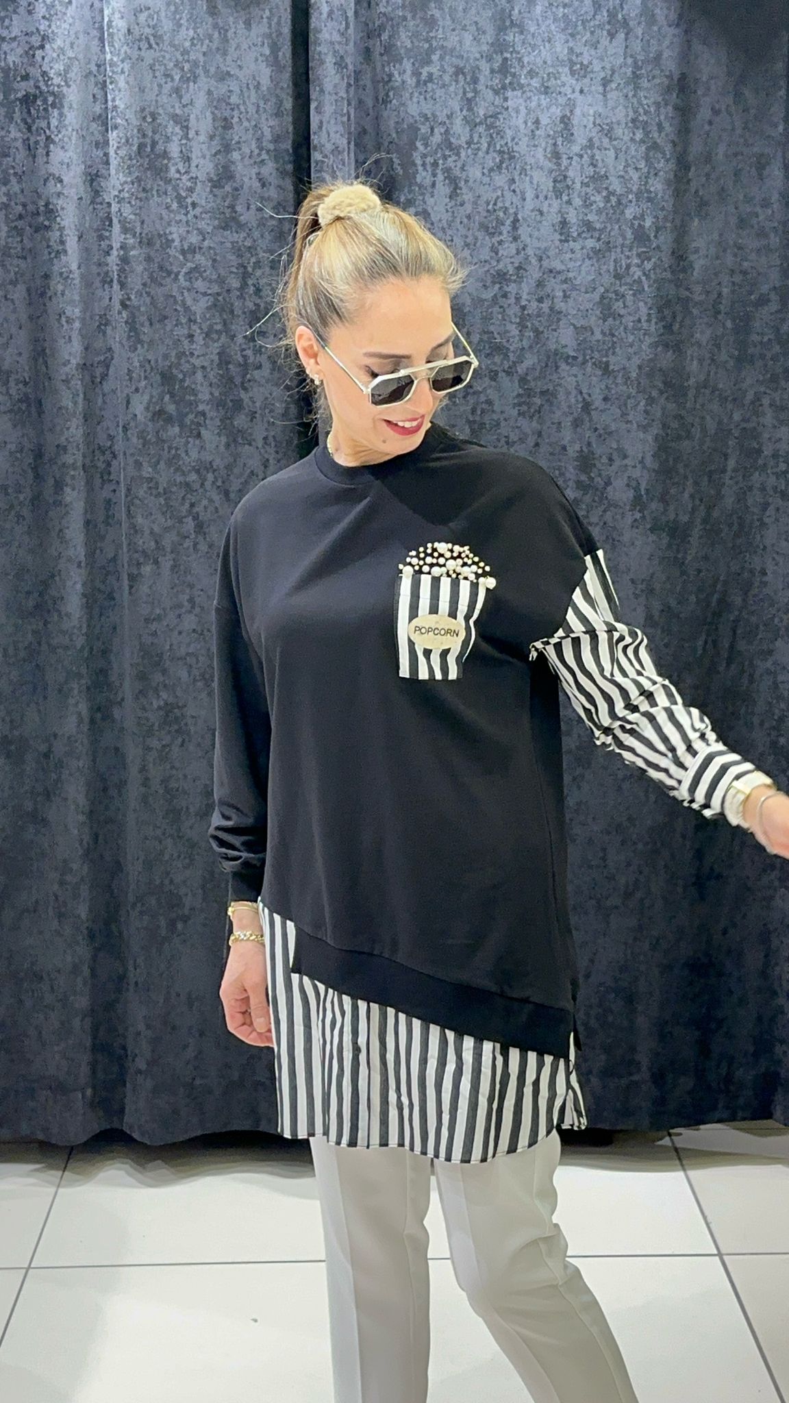 POPCORN ÇİZGİLİ KOTON GARNİLİ PENYE TUNİK  