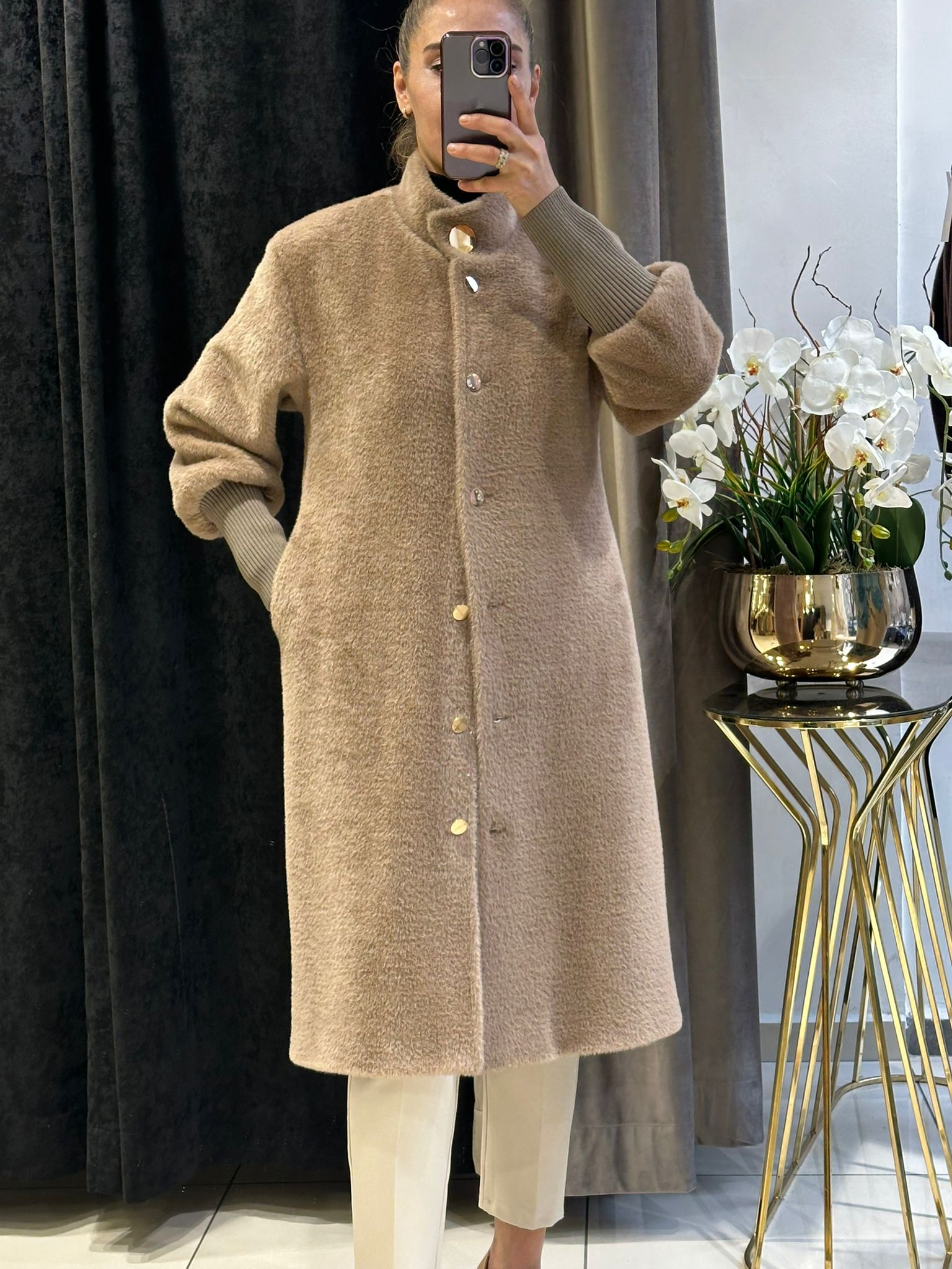 ANGORA KABAN KOL UCU TRİKO RİBANA GOLD DÜĞME DETAY - VİZON