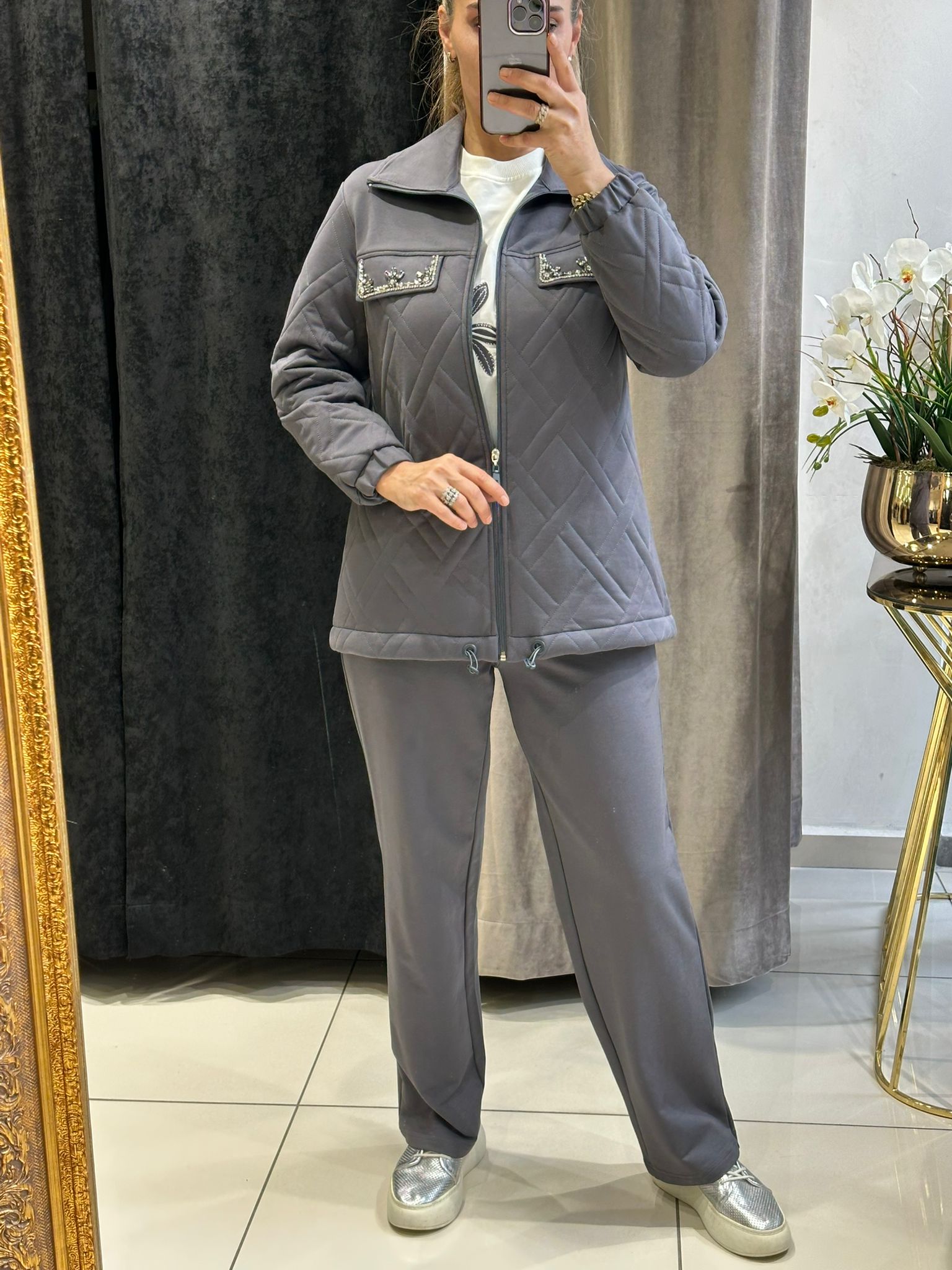 PAMUK KAPİTONE CEKET TAŞ DETAYLI ÜÇLÜ TAKIM 