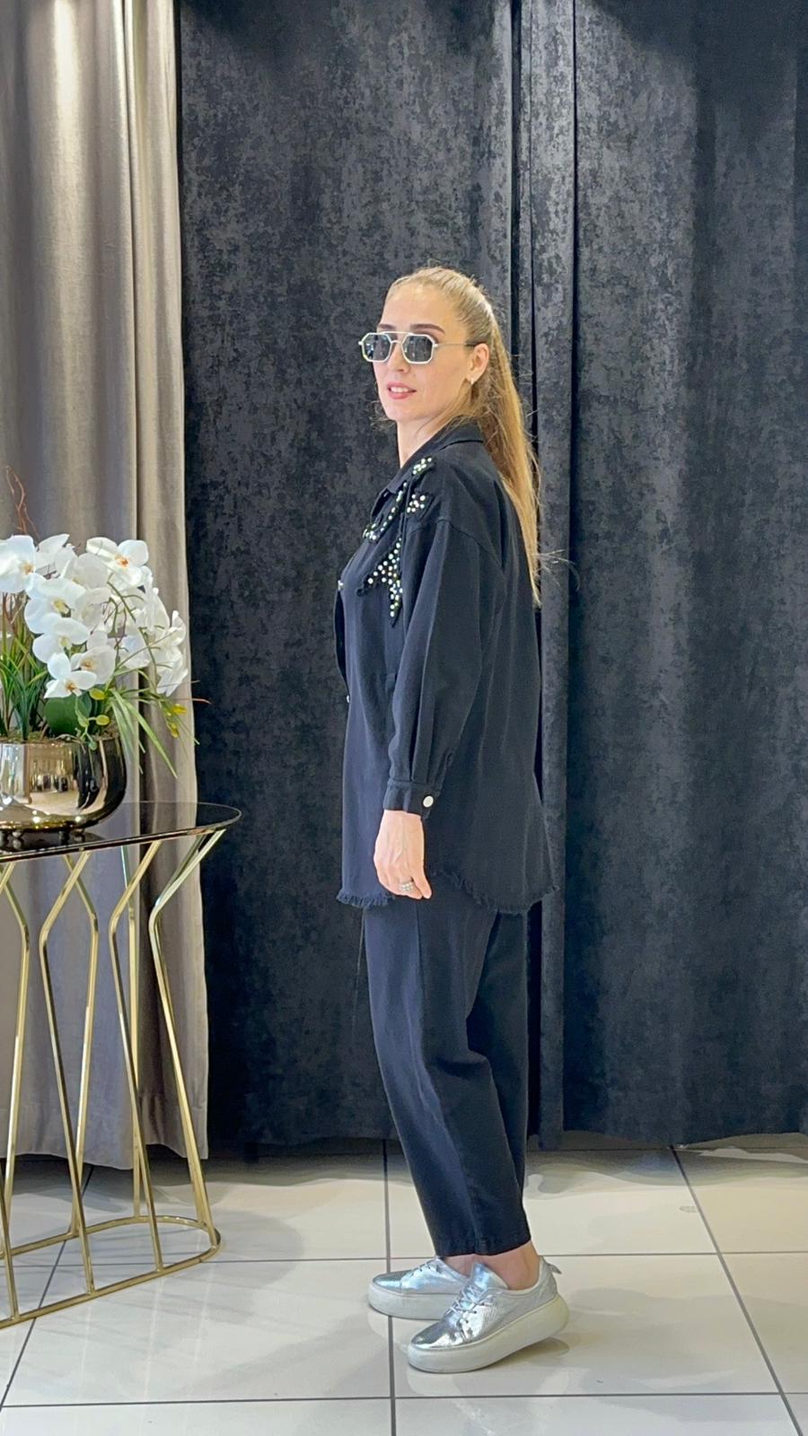 PAMUK GABARDİN TEŞ DETAYLI  PANTOLONLU TAKIM    - SİYAH