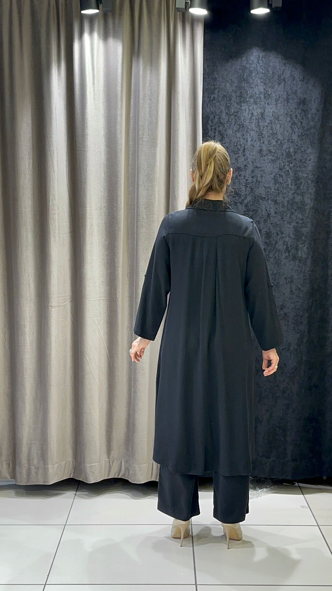 PAMUK TENSEL UZUN TUNİK VE PANTOLON İKİLİ TAKIM - SİYAH