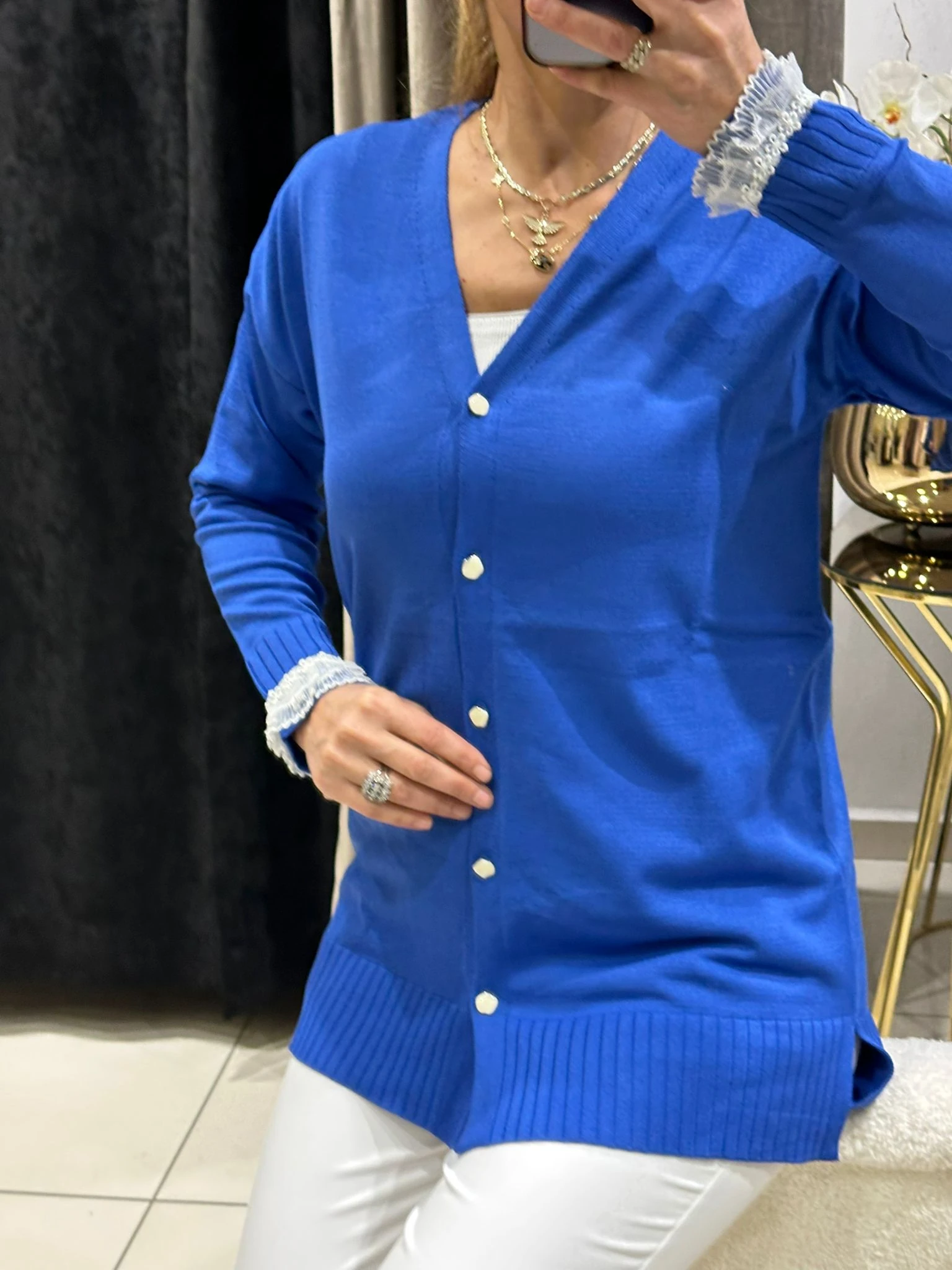 KOLLARI TÜLLÜ SOĞUK İP MESERİZE HIRKA - SAKS MAVİ