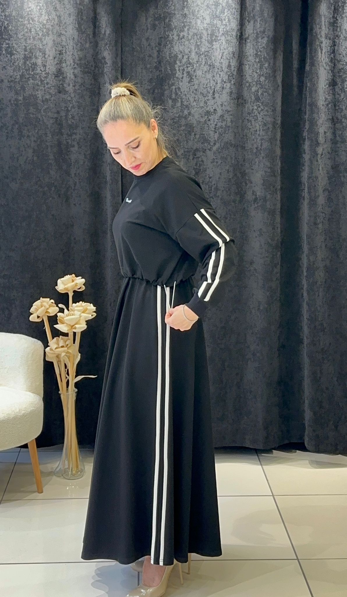 RİBANA DETAYLI İKİLİ ELBİSE İKİ İP PENYE KUMAŞ - SİYAH