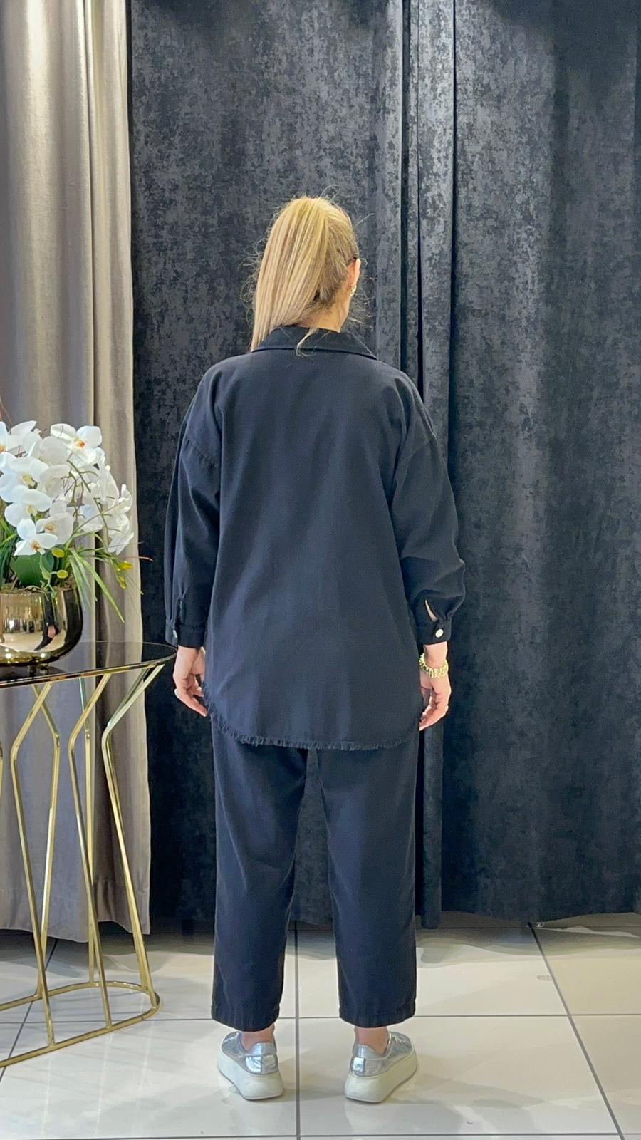 PAMUK GABARDİN TEŞ DETAYLI  PANTOLONLU TAKIM    - SİYAH