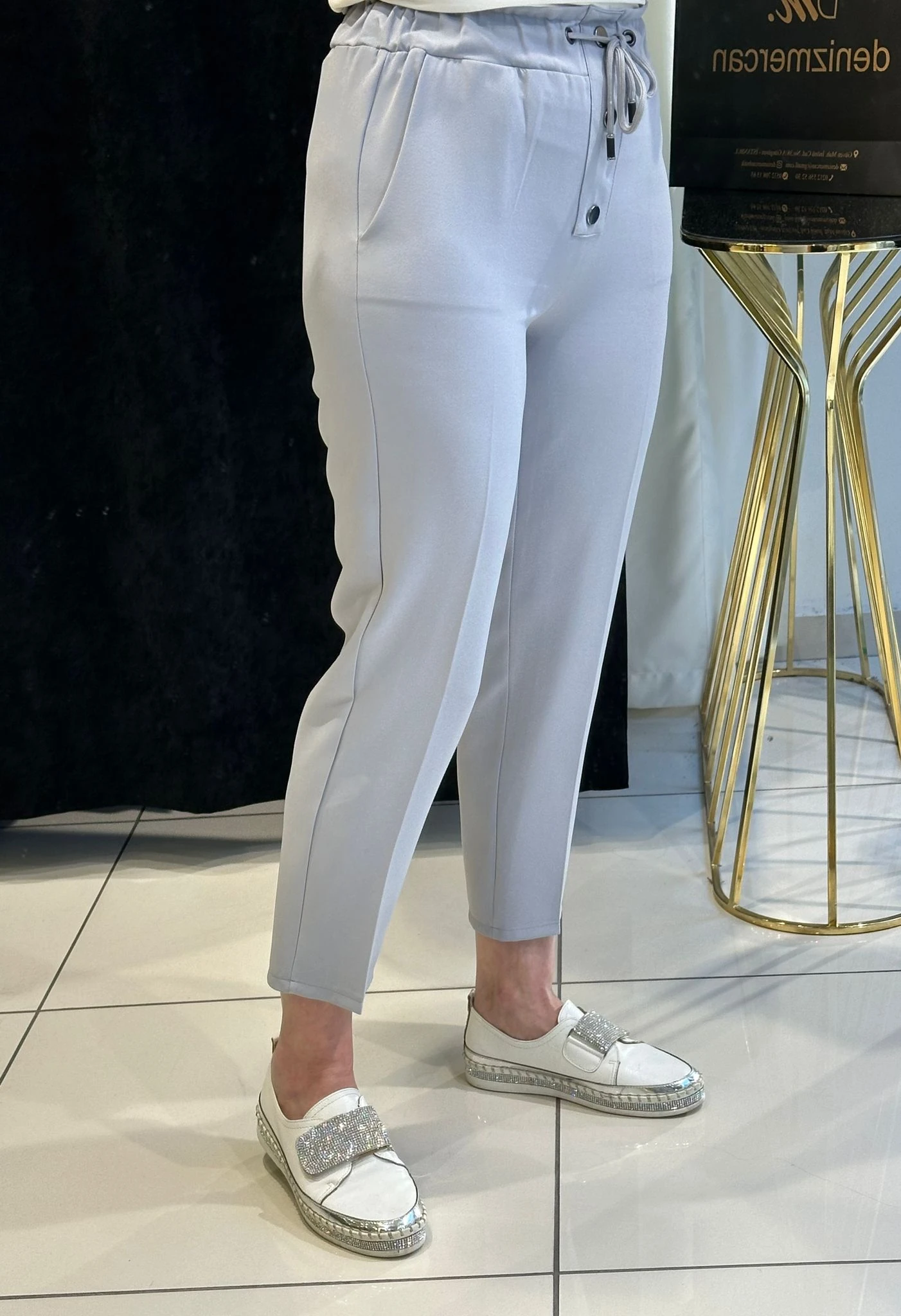 DÜĞME DETAY BELİ LASTİKLİ PANTOLON  - GRİ