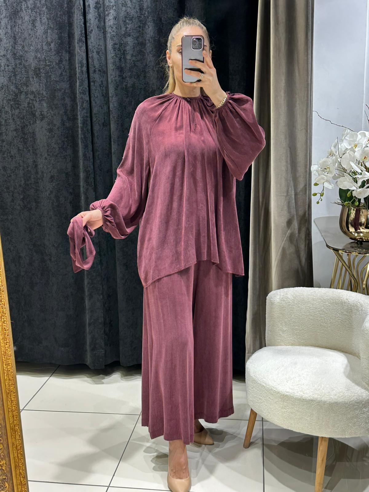 İPEK QUPRA DÜĞME DETAY BALONKOL İKİLİ TAKIM 