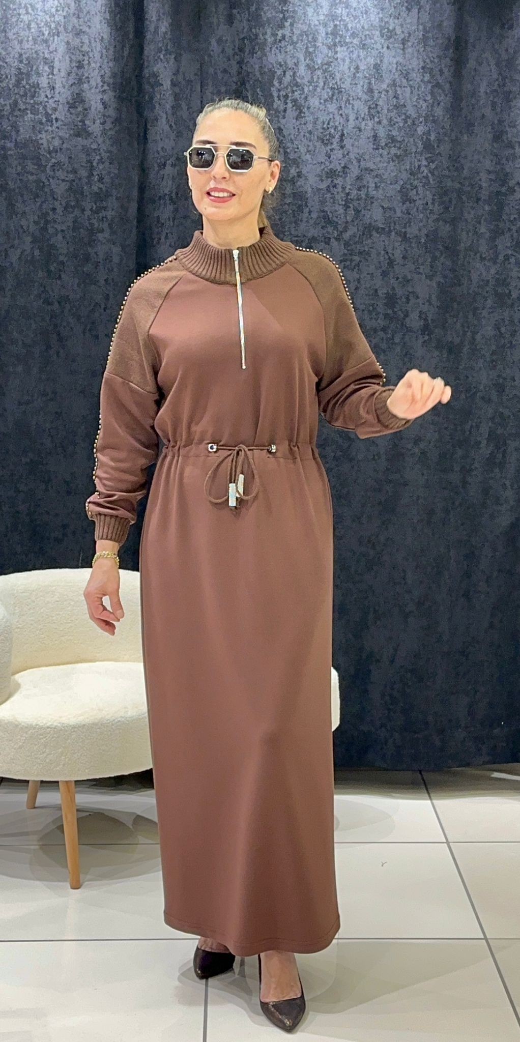 PUREVA MODAL KUMAŞ TRİKO KOMBİNLİ TAM BOY ELBİSE