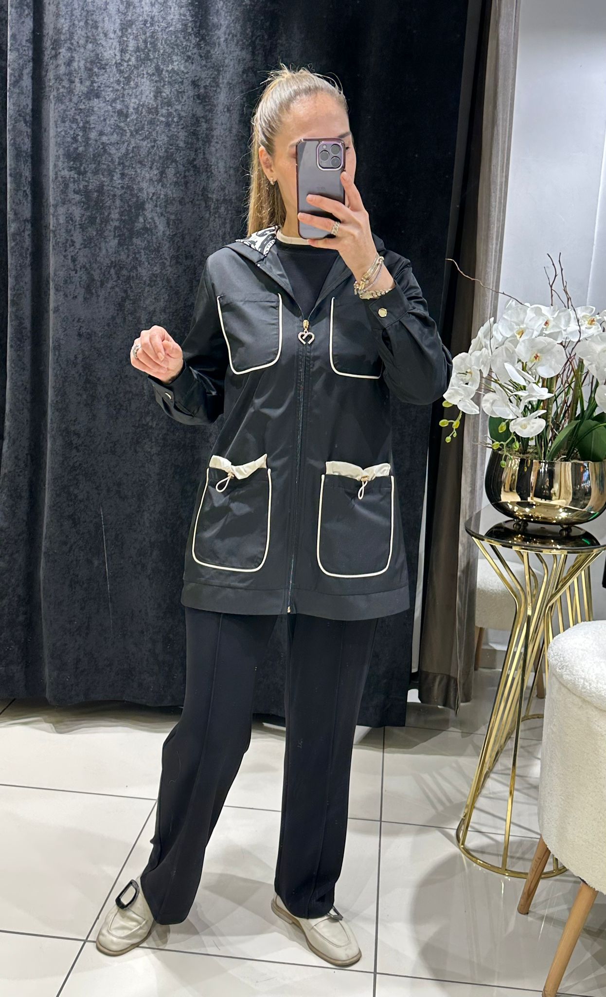 YAĞMURLUK BAMBIR  CEKET DETAYLI ÜÇLÜ TAKIM  - SİYAH