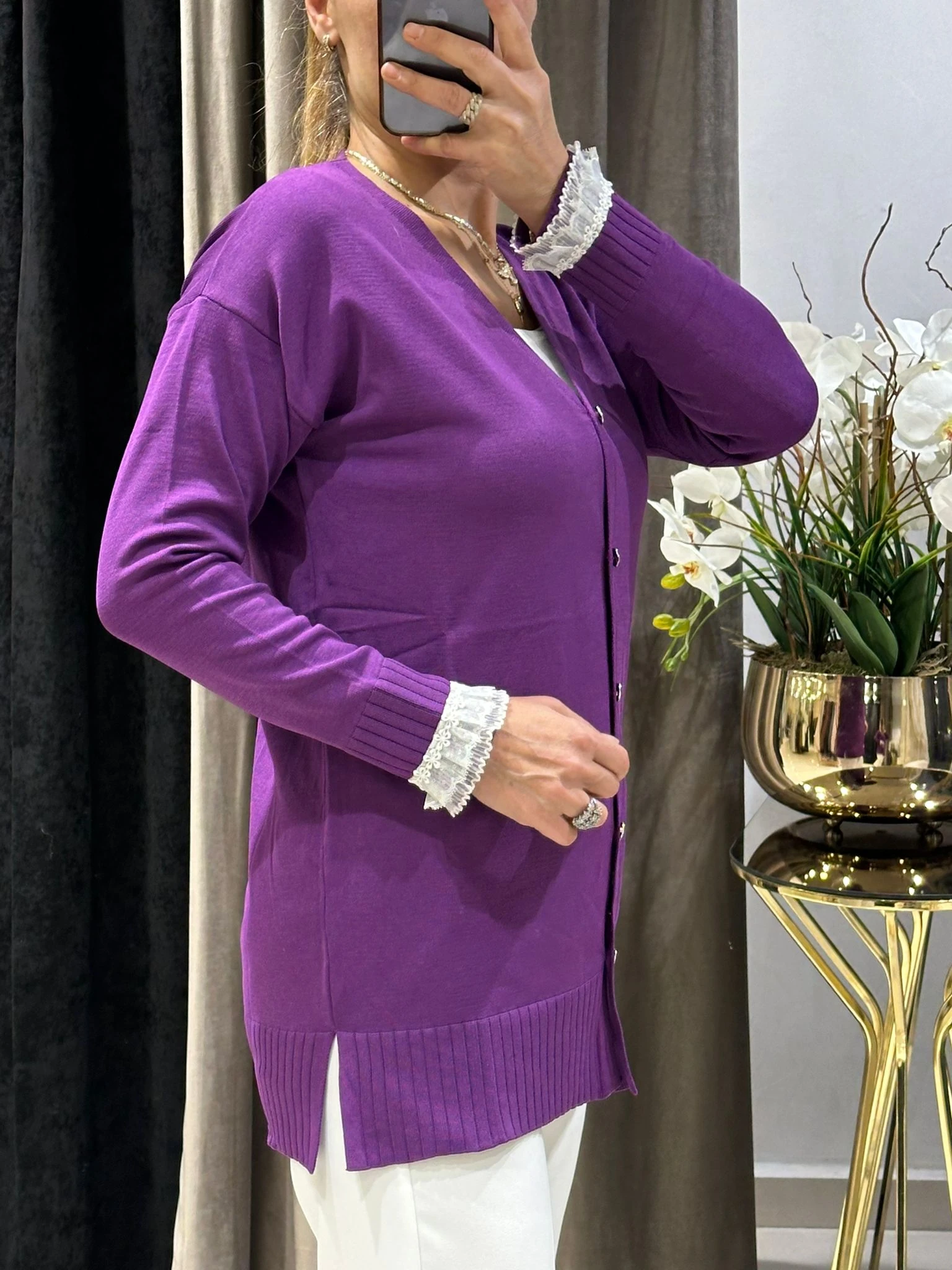 KOLLARI TÜLLÜ SOĞUK İP MESERİZE HIRKA - MÜRDÜM