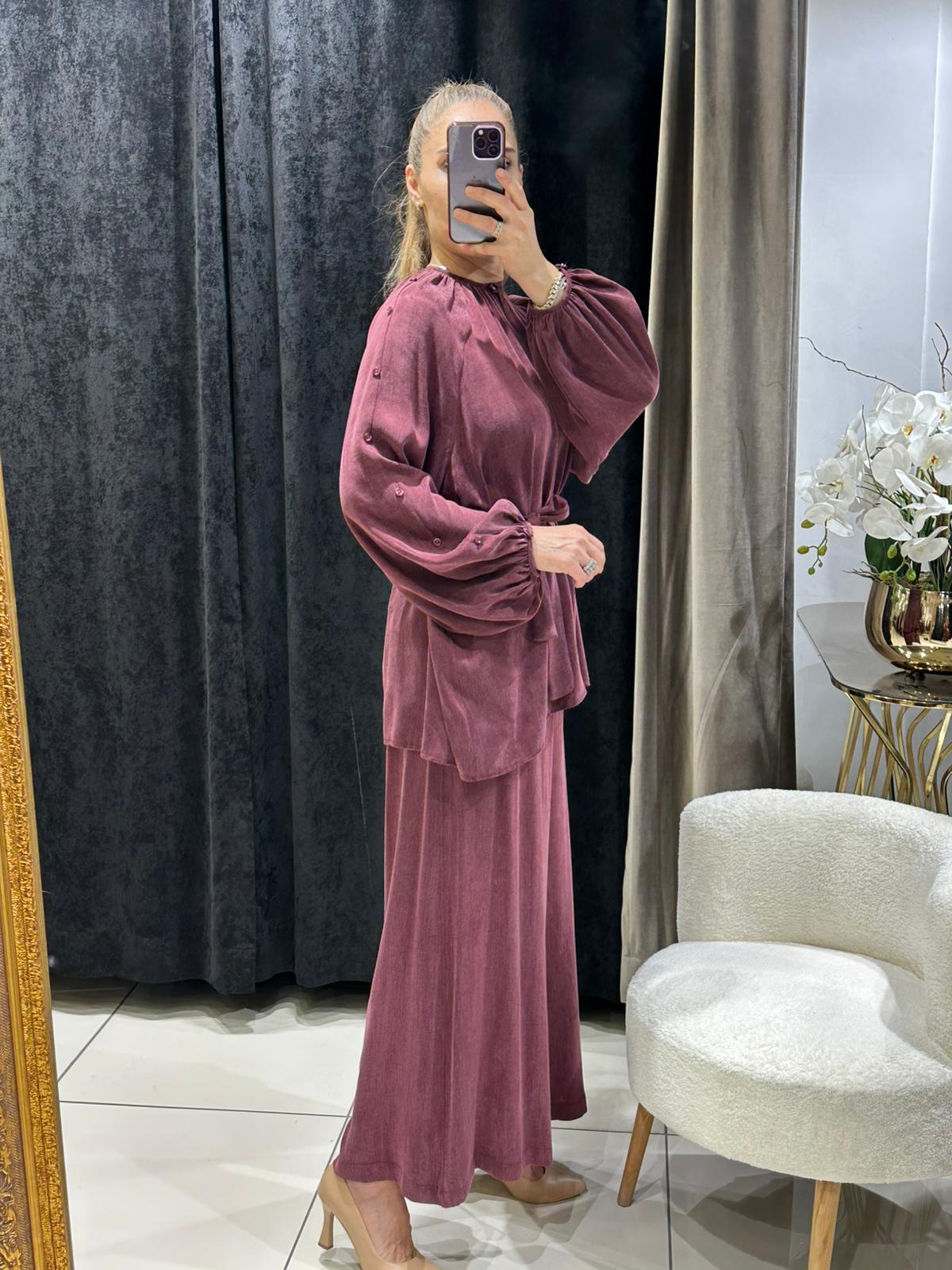 İPEK QUPRA DÜĞME DETAY BALONKOL İKİLİ TAKIM 