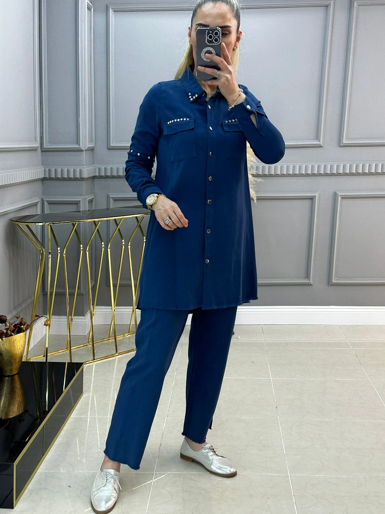 PAMUK GABARDİN TAŞ DETAYLI İKİLİ TAKIM 