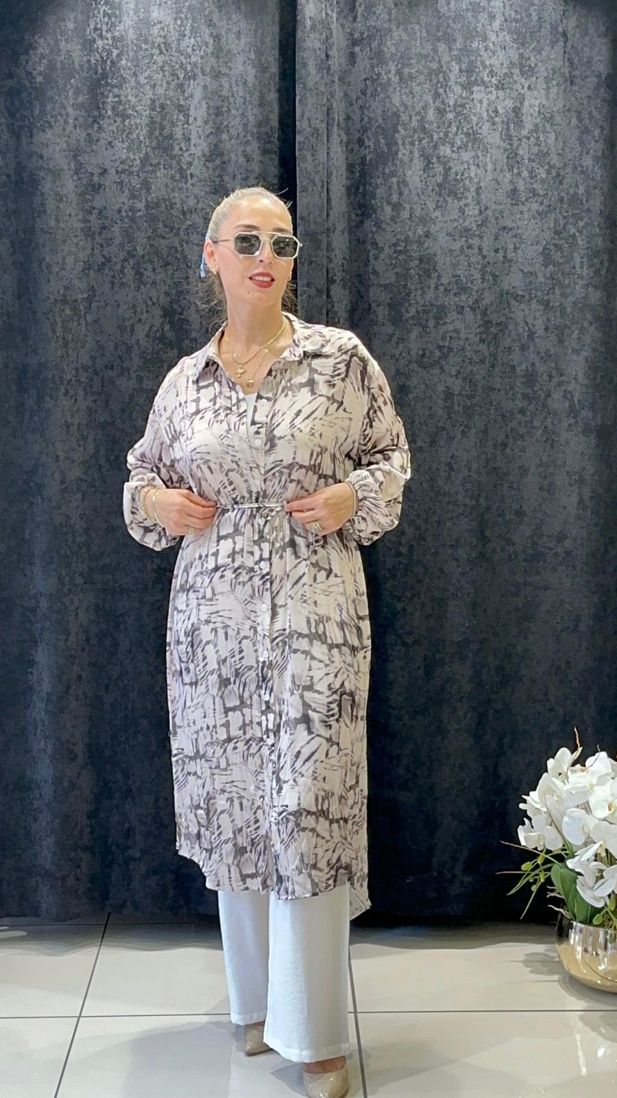 DİJİTAL BASKI VOAL UZUN TUNİK  - BEJ 