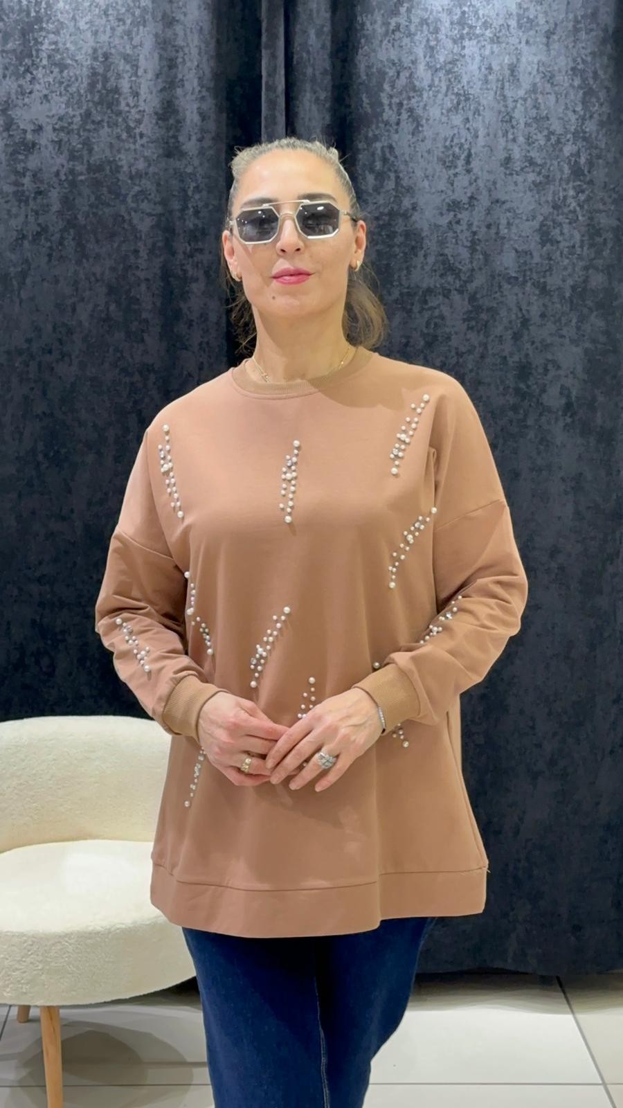 İNCİ TAŞ DETAYLI PENYE TUNİK DÖRT MEVSİM 