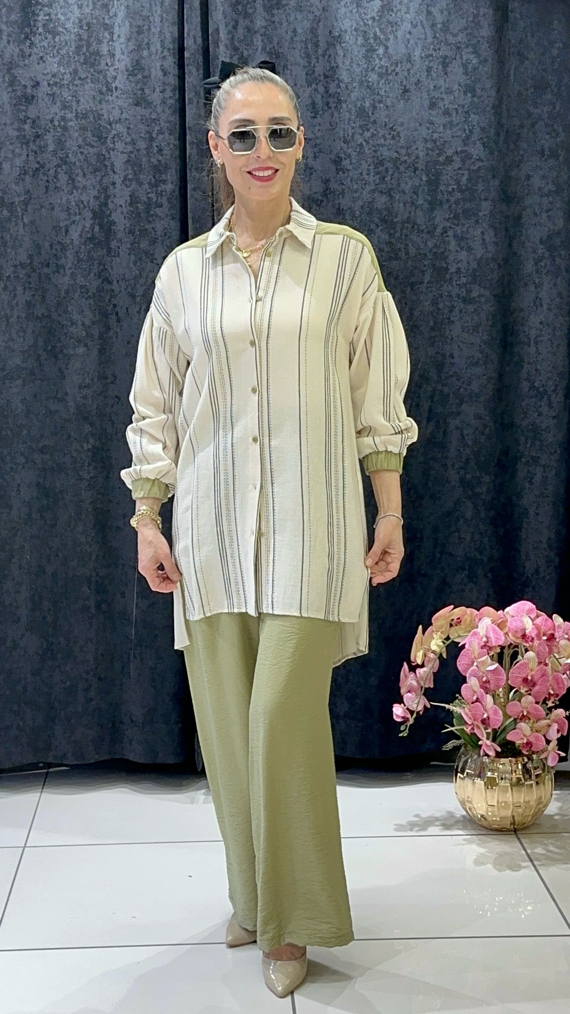 PAMUK VİSKON ÇİZGİLİ TUNİK PANTOLON İKİLİ TAKIM