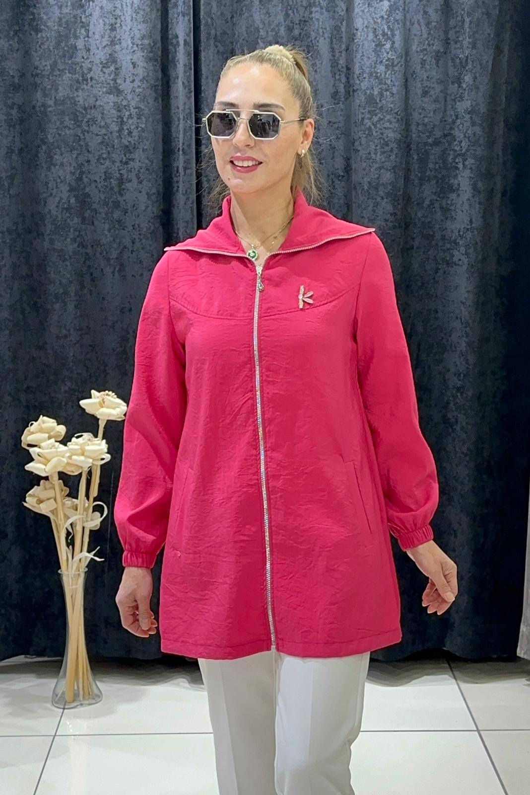 BAMBU TENSEL YAKA TAŞ DETAYLI KAP - FUŞYA