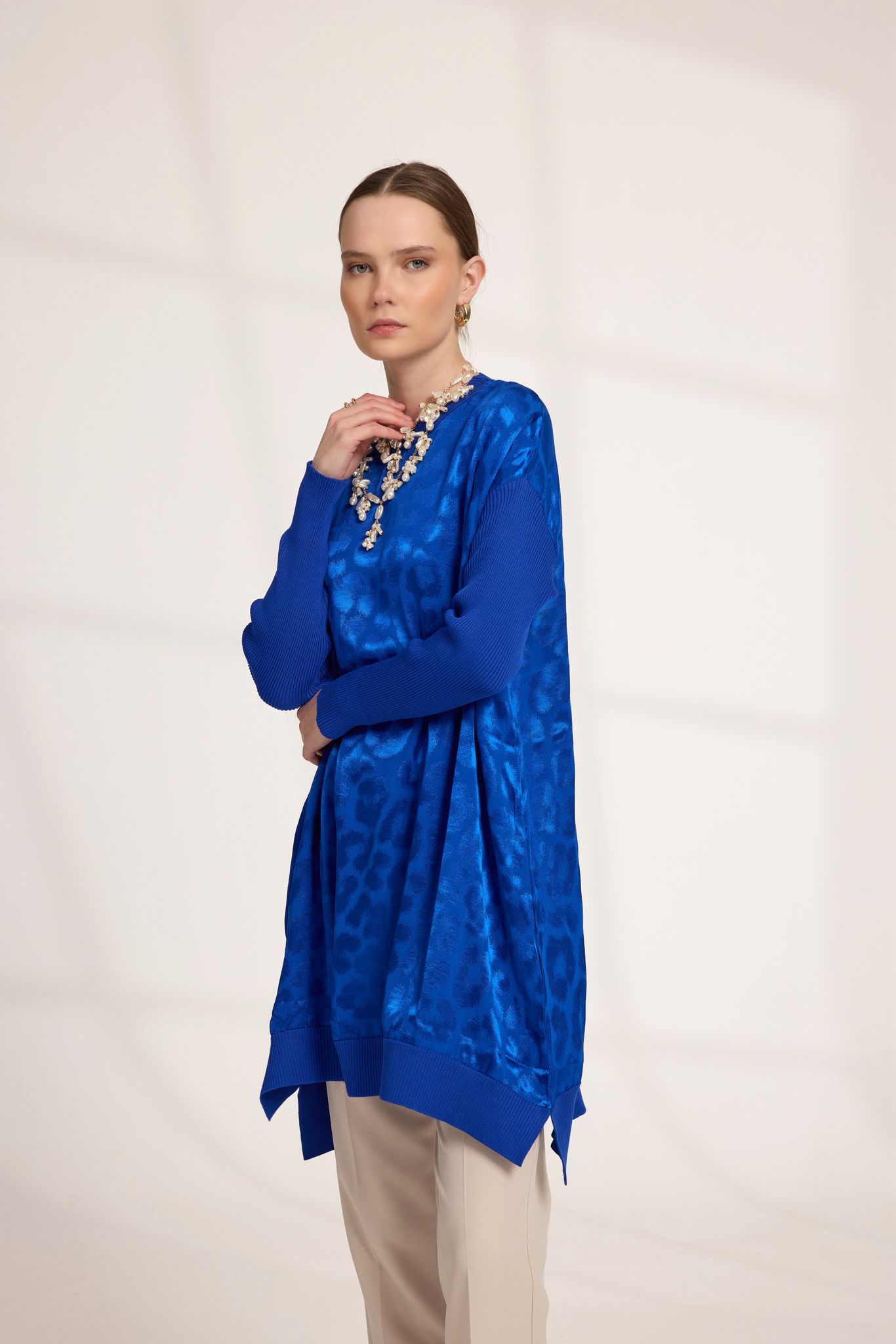LEOPAR DESEN JAKAR GARNİLİ SOĞUK İP MESERİZE  - SAKS MAVİ