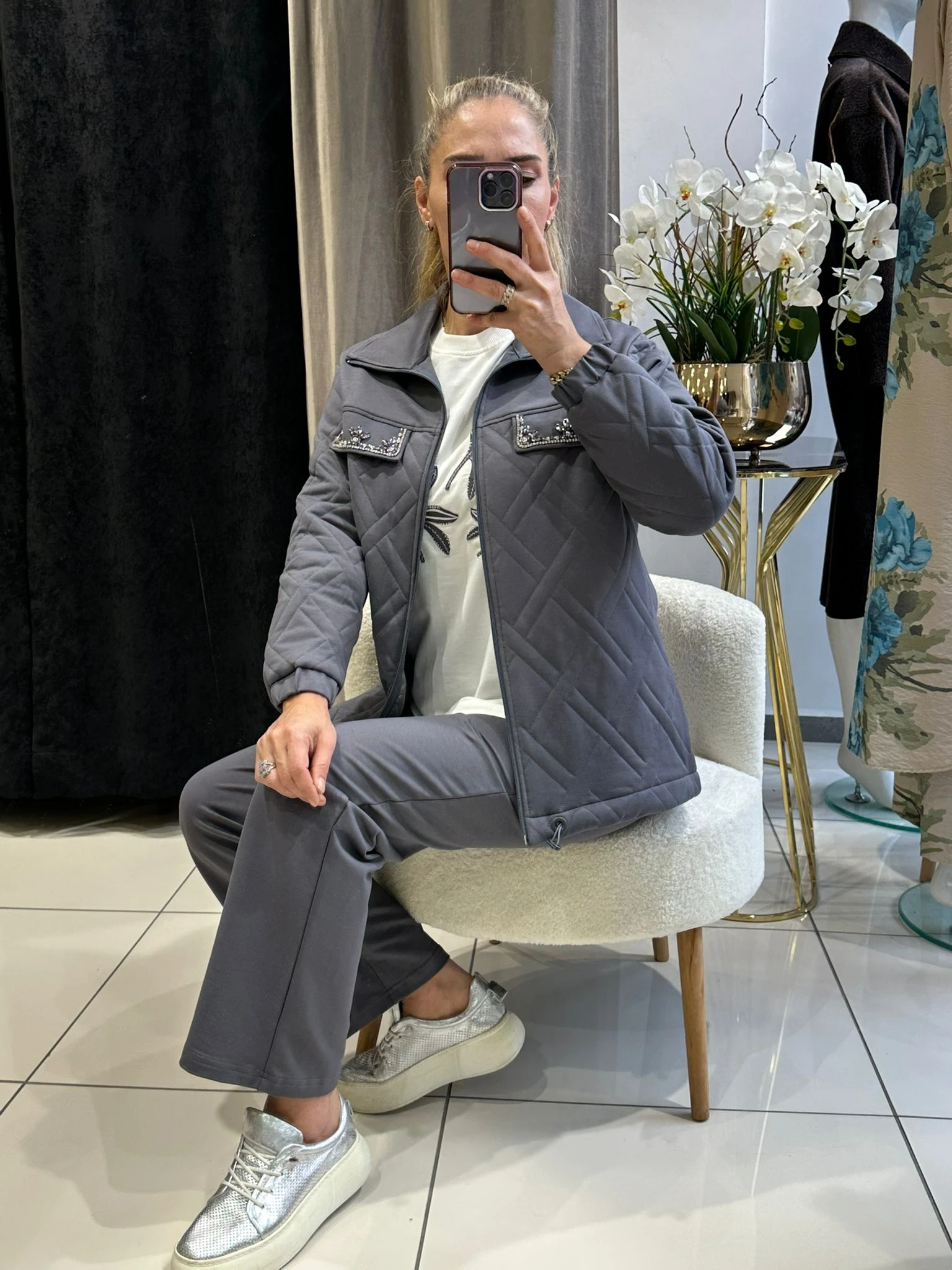 PAMUK KAPİTONE CEKET TAŞ DETAYLI ÜÇLÜ TAKIM 