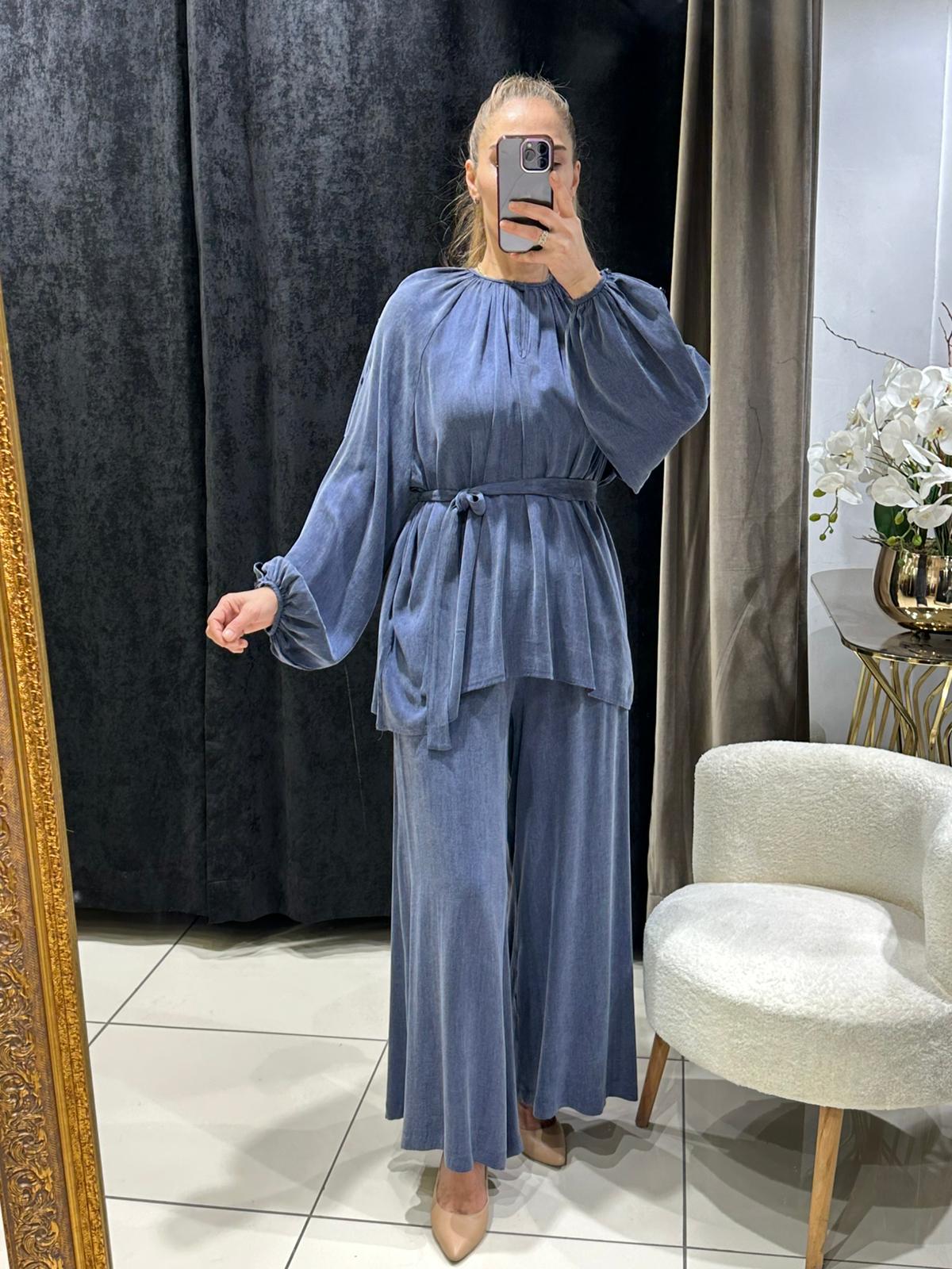 İPEK QUPRA DÜĞME DETAY BALONKOL İKİLİ TAKIM  - LACI