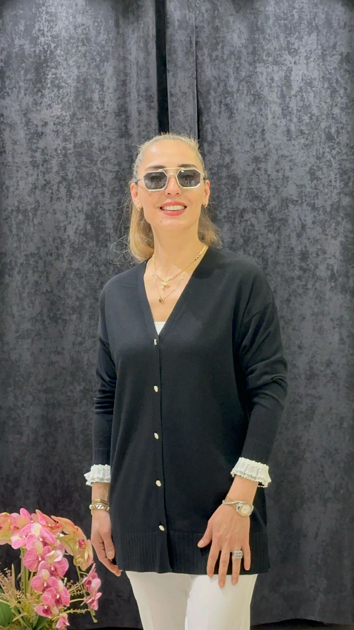 KOLLARI TÜLLÜ SOĞUK İP MESERİZE HIRKA - SİYAH