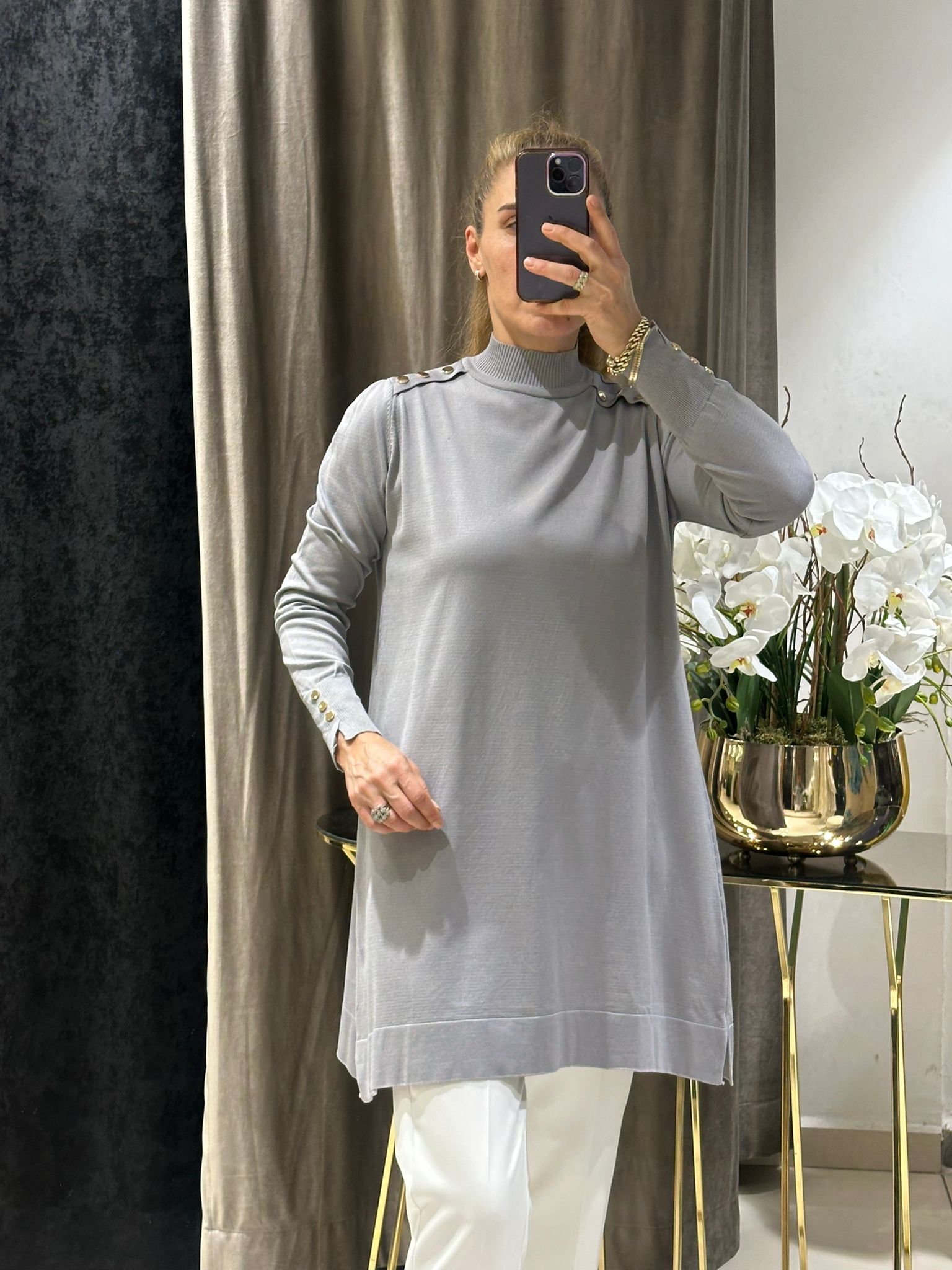 OMZU PAT VE DÜĞME DETAYLI SOĞUK İP MESERİZE TRİKO - GRİ