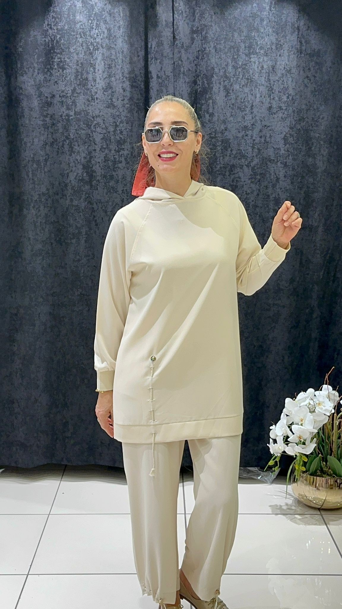 LİNDA KUMAŞ KAPİŞONLU TUNİK PANTOLON İKİLİ TAKIM