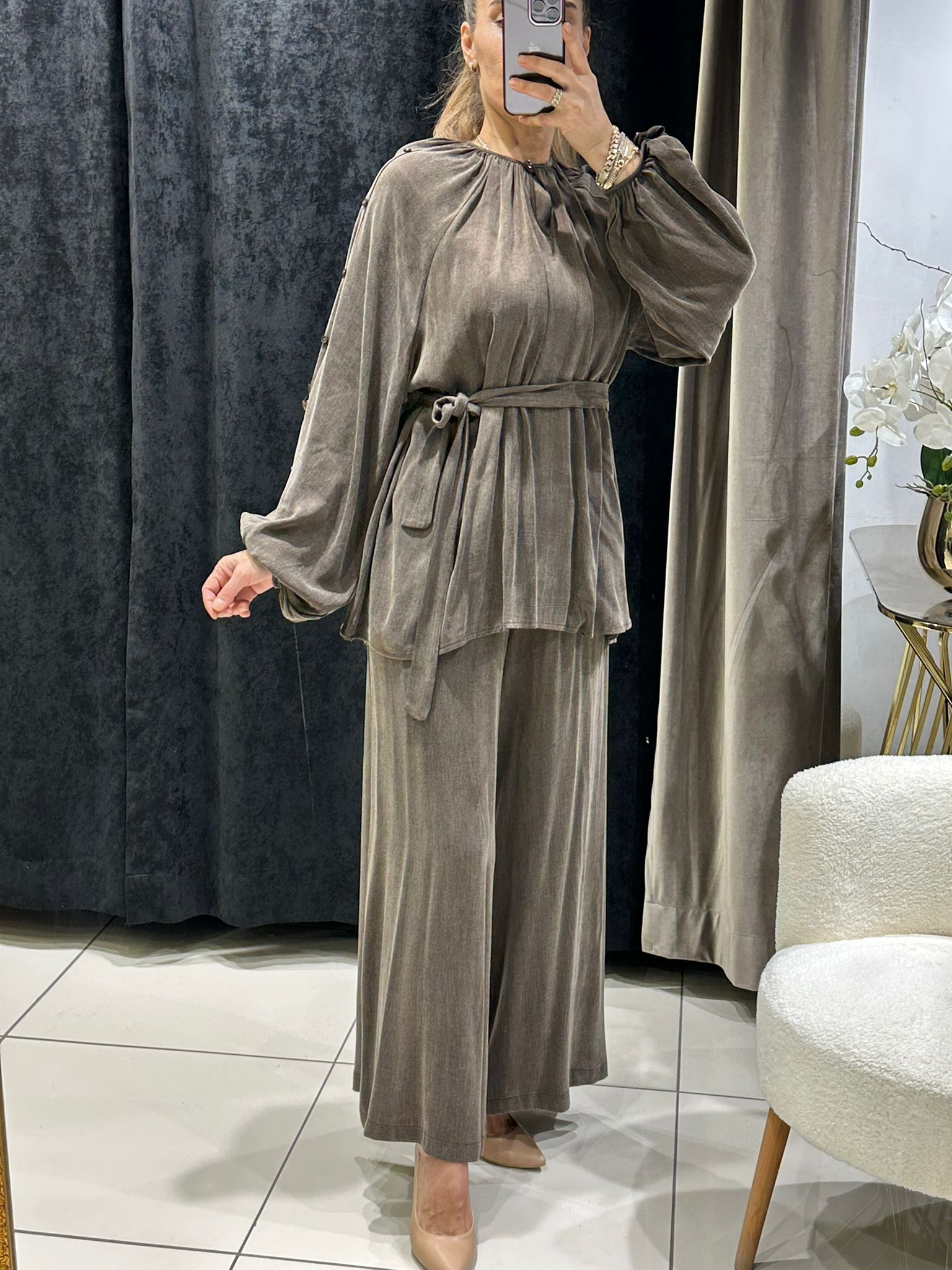 İPEK QUPRA DÜĞME DETAY BALONKOL İKİLİ TAKIM  - KAHVE